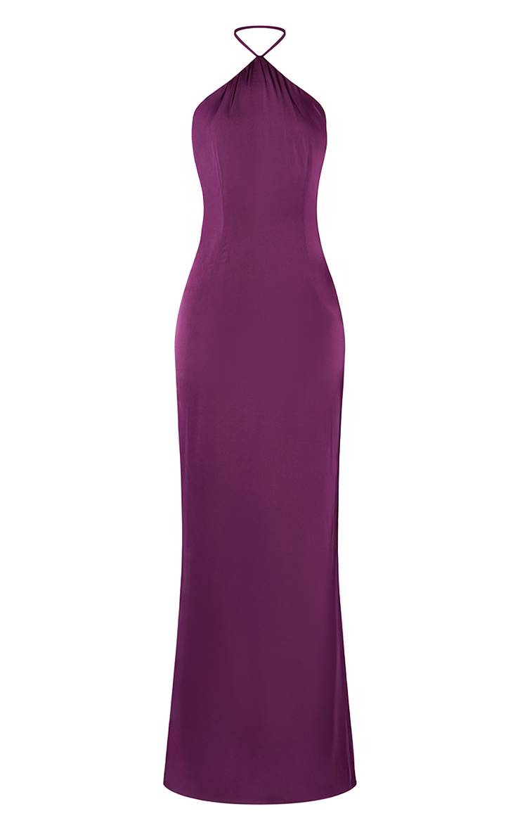 Deep Purple Robe Longue Satinée Dos Nu Drapé Avec Détails En Dentelle