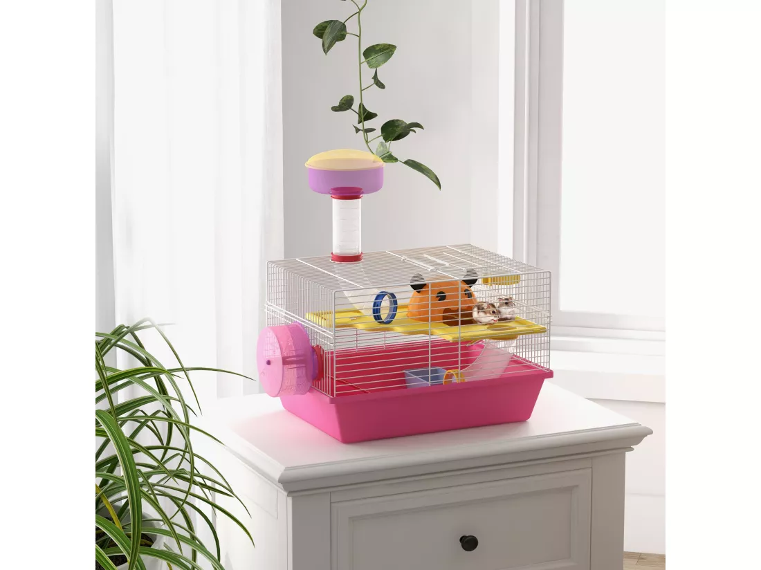 Cage à hamster rat rongeur - plateforme, biberon eau, roue, maisonnette, tubes - acier blanc PP rose