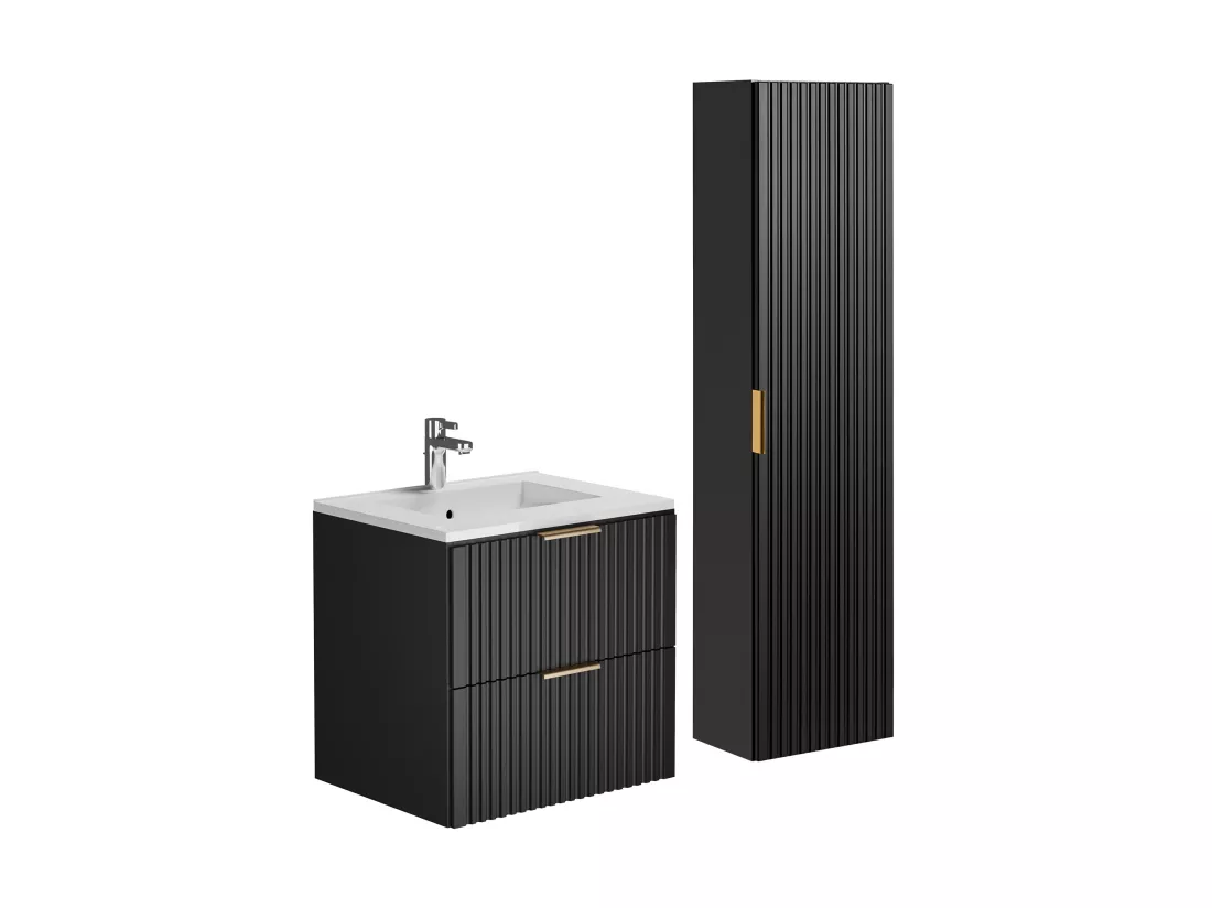 Meuble de salle de bain strié avec vasque à encastrer et colonne - Noir - 60 cm - ZEVARA