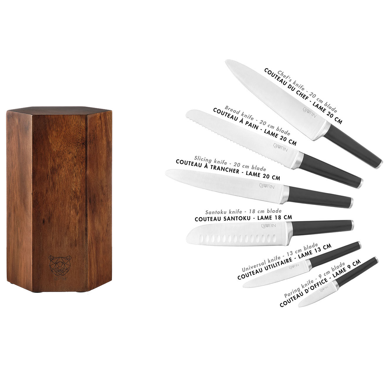 Bjorn Bloc avec couteaux de cuisine Jona Imatra inox mat  - 7 pièces