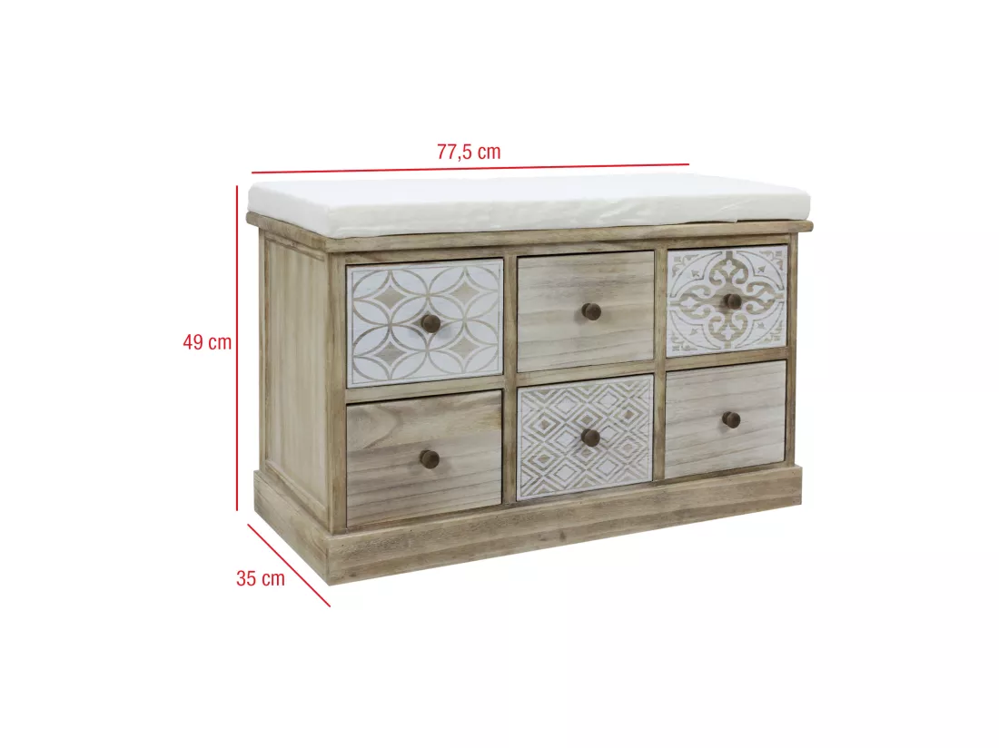 Banc Commode Beige 6 Tiroirs Assise Rembourrée 49x77,5x35