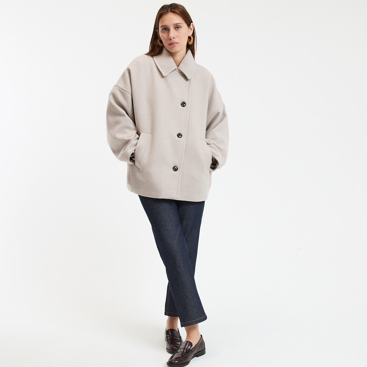 COLEÇÃO LA REDOUTE<br>Casaco curto oversized com fecho de botão
