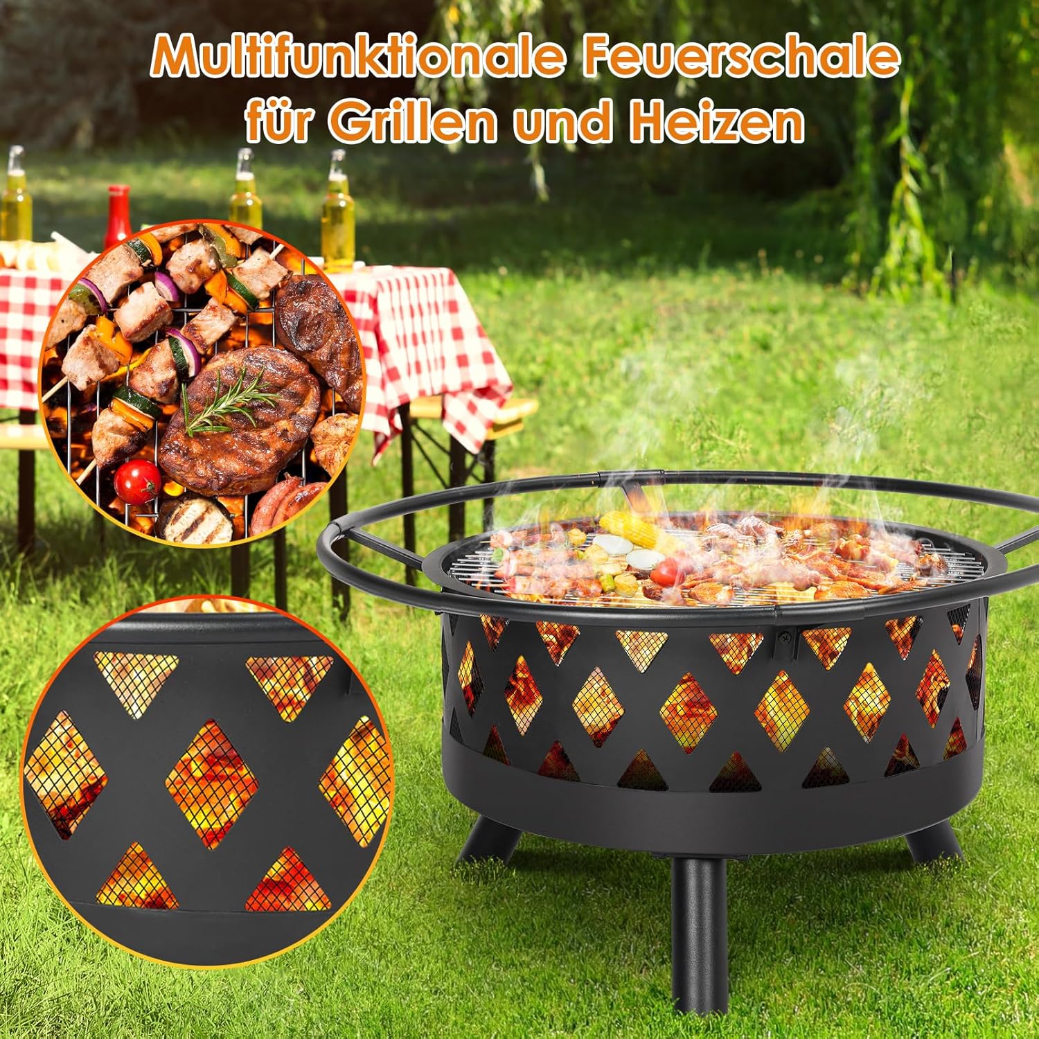 TLSUNNY Feuerschale, Ø 80cm Feuerkorb mit Funkenschutz und Schürhaken, Feuerschalen für den Garten Groß, Feuerstelle mit Grill, BBQ Feuerstelle Outdoor, Retro-Look Fire Pit, Zum Grillen und Heizen