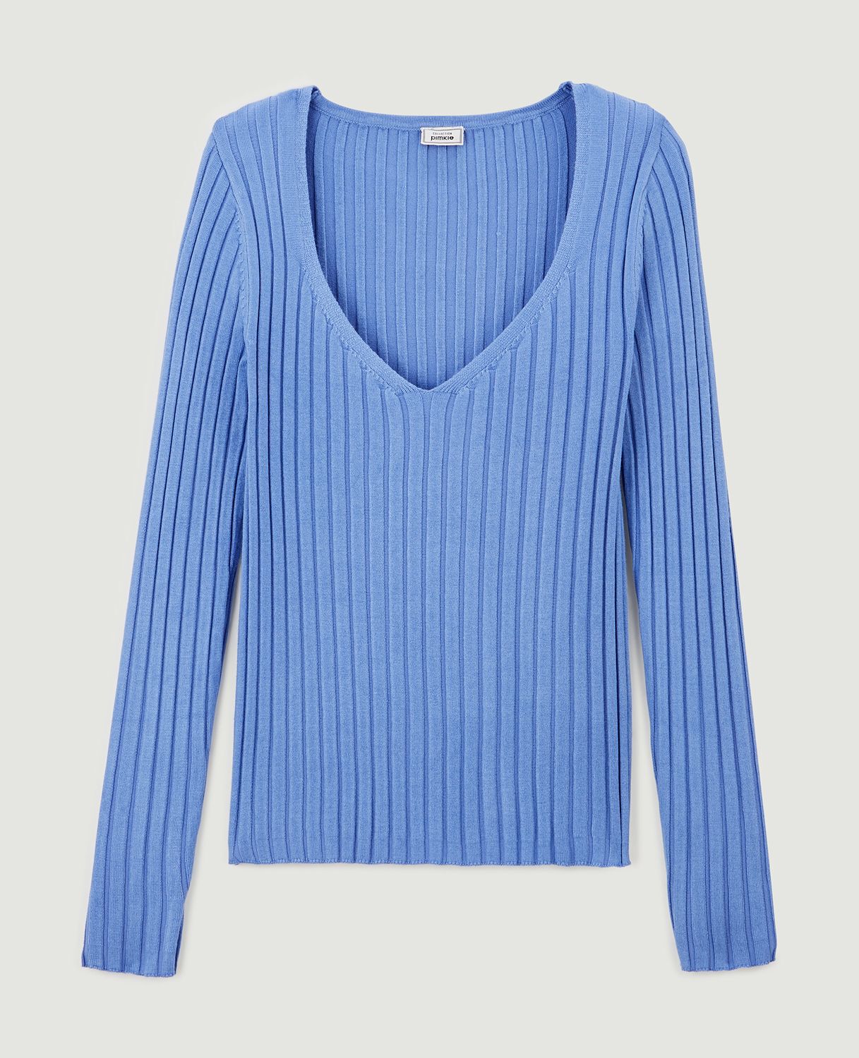 Pull col V maille côtes plates - Bleu