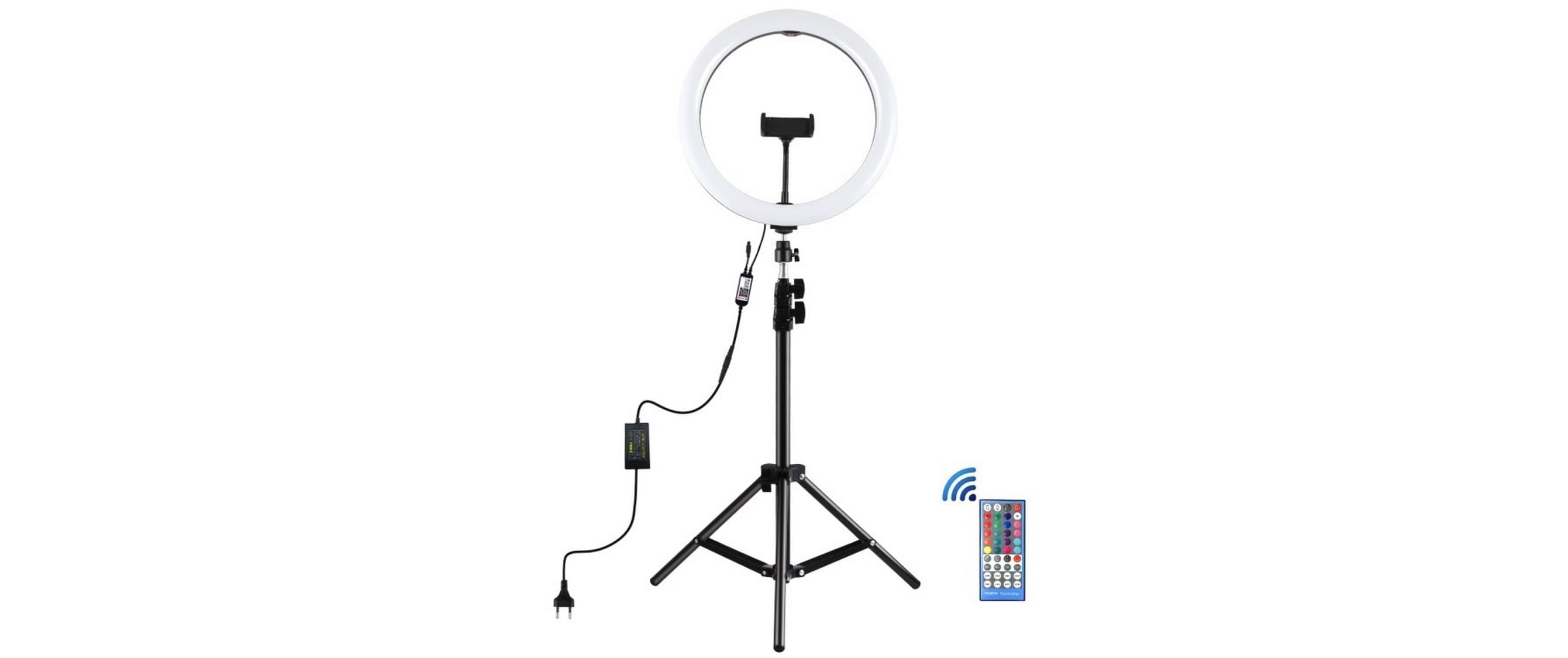 Videoleuchte LED RGB 30 cm inklusive StativDimmbarer LED-Videoring mit hochwertigem Aluminium-Stativ