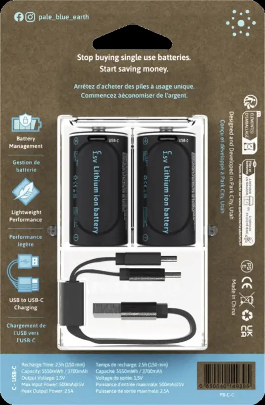 (2er Set) Earth USB C Wiederaufladbare 1.5 Volt 3700mAh Li-Ion C Akku Batterie (338-194-1015)