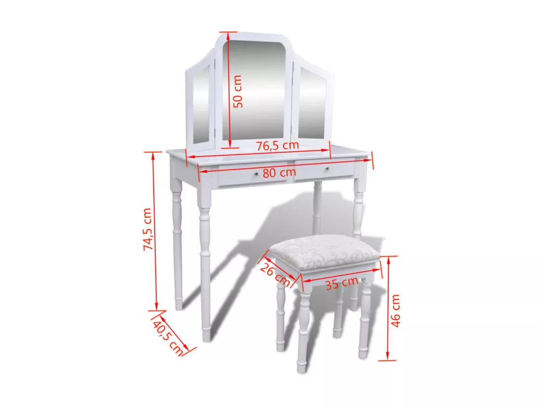 Coiffeuse avec miroir et tabouret 2 tiroirs Blanc