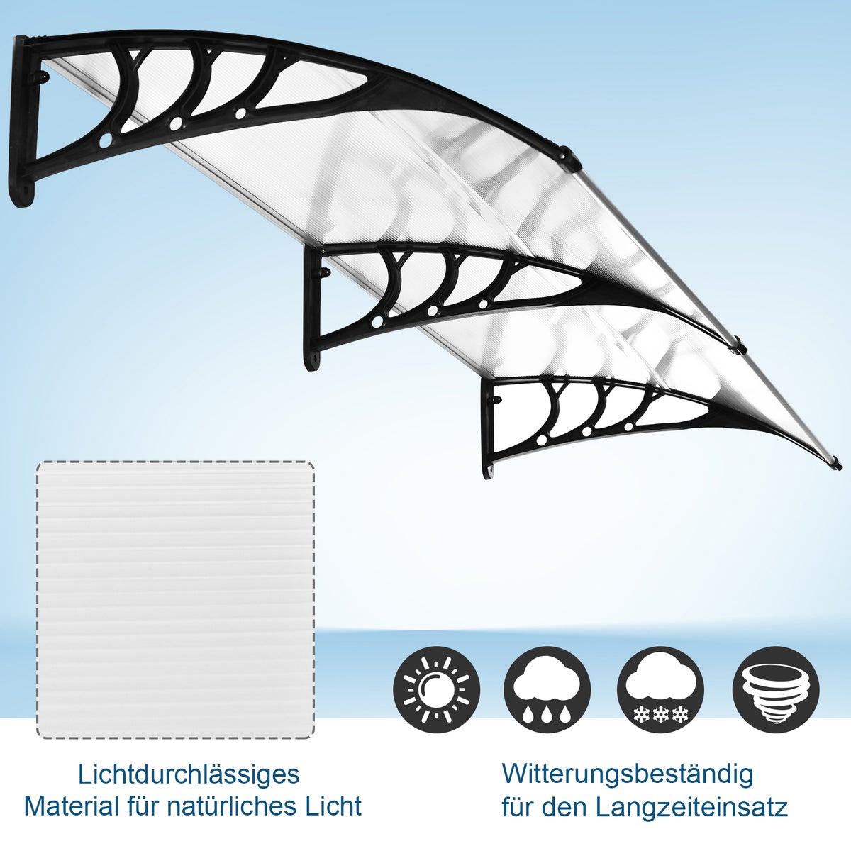 Outsunny Aanbouwluifel voor voordeur 75x195x23 cm Dakbedekking 5mm Polycarbonaat Zonwering Regenbescherming voor buiten Aluminium Transparant