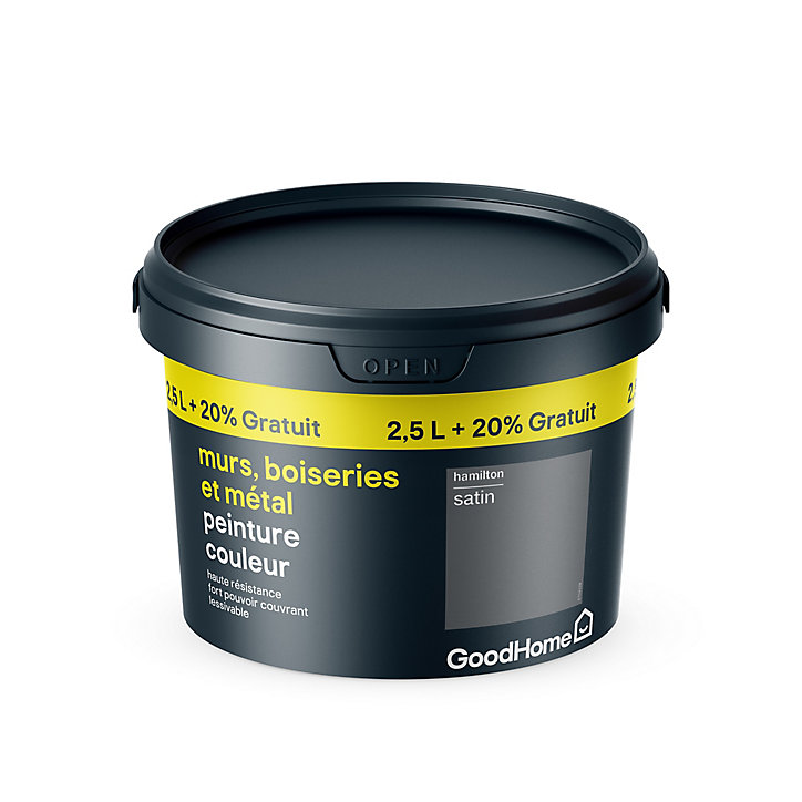 Peinture résistante murs boiseries et métal GoodHome gris Hamilton satin 2,5L +20% gratuit