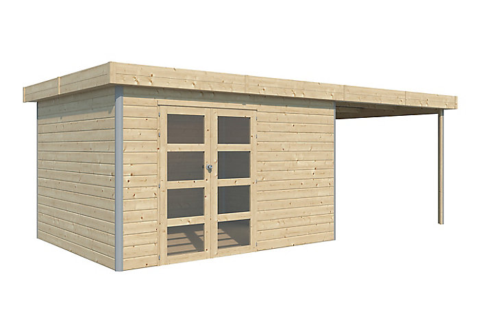 Abri de jardin + pergola Lindo 2 L en bois coloris naturel ép.28 mm surface extérieure 12,65 + 9,32 m²