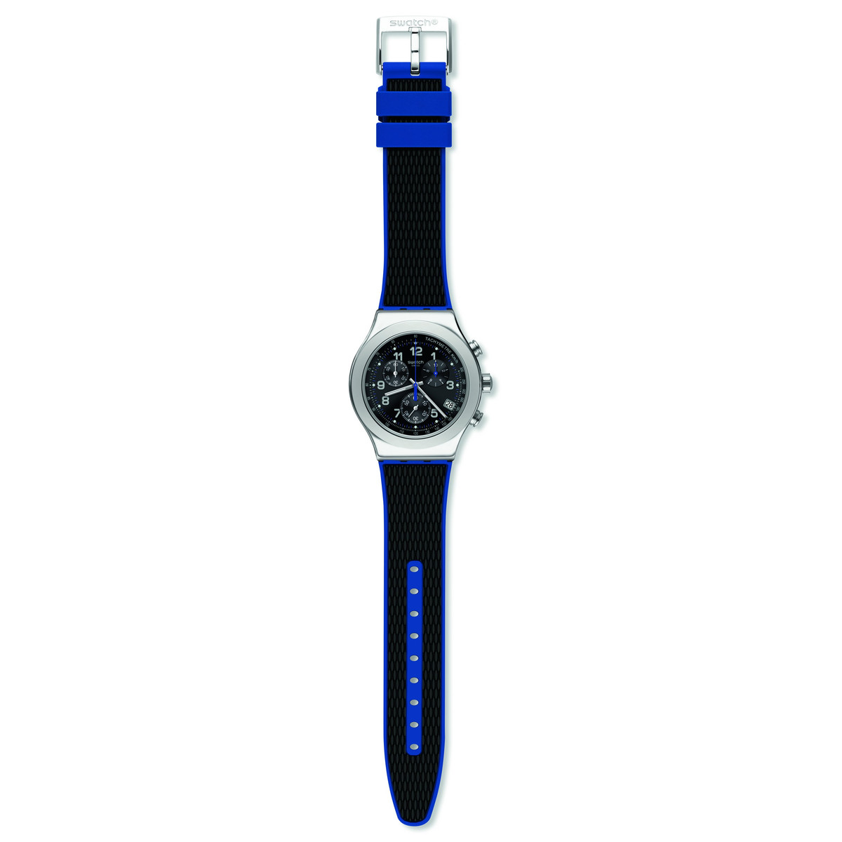 Montre Swatch New Irony Chrono Blue grid homme acier bracelet caoutchouc bleu