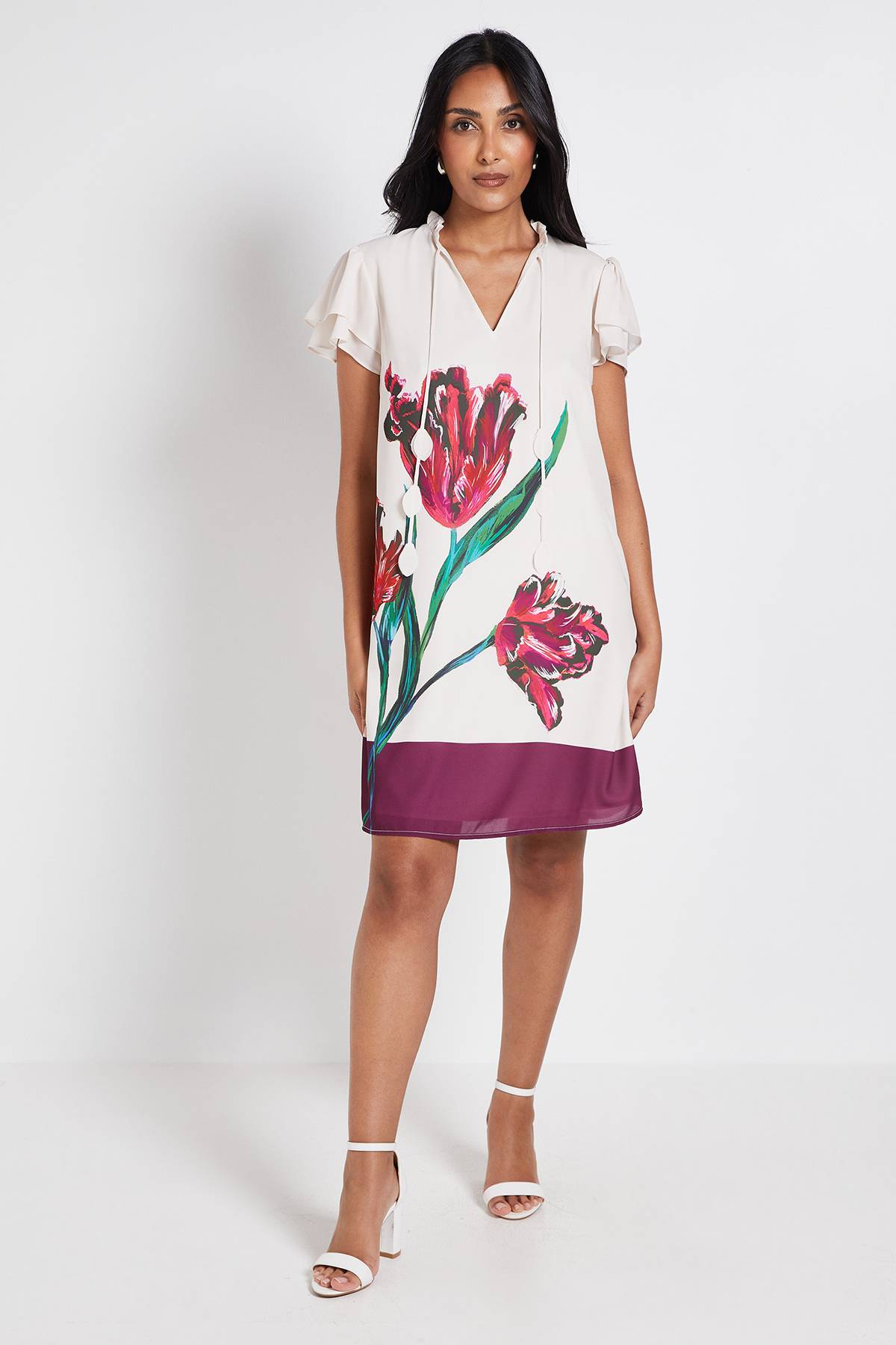 Wallis Robe Droite À Col Volanté À Rayures Et Imprimé Floral Petite