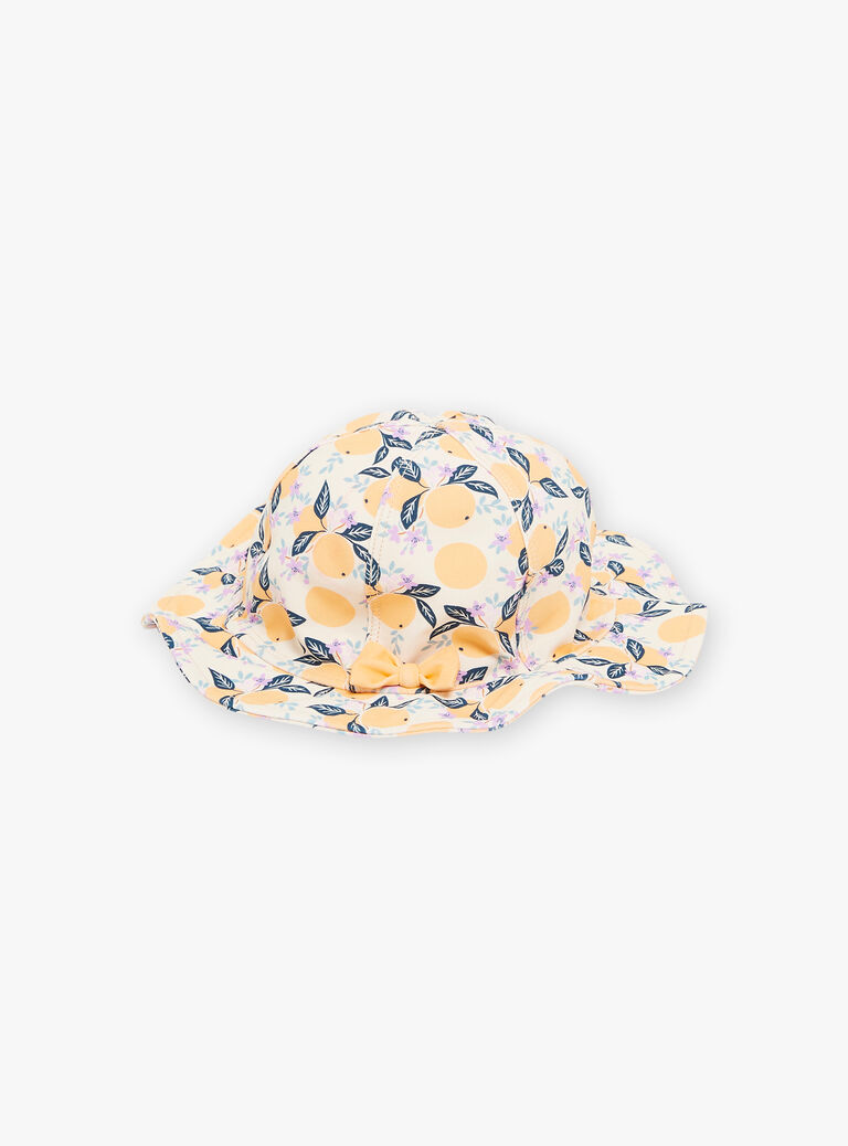 Chapeau de bain volanté orange et bleu à imprimé clémentines
