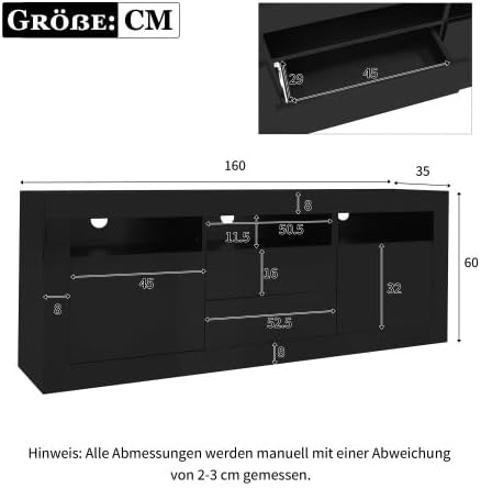 Merax TV Schrank Lowboard 160 cm mit Hochglanz-Optik, LED-Beleuchtung, Push-to-Open Schubladen, 3 offene Fächer & Stauraum für TV bis 70 Zoll – Modernes Wohnzimmer Möbel