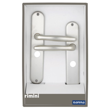 Gamma deurkruk set Rimini ovaal schild vrij-bezet sluiting 63/8 mm RVS look messing