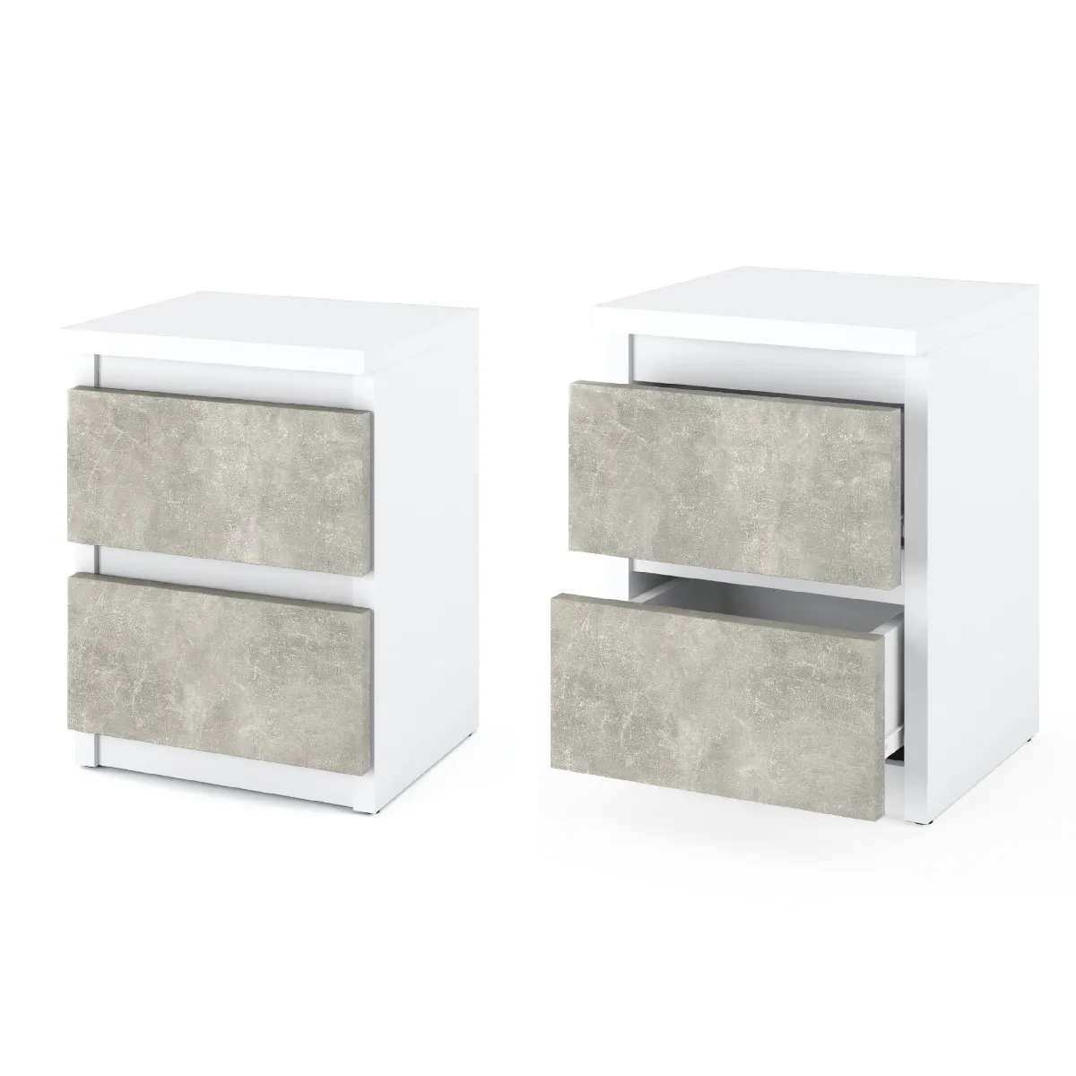 Table de chevet - Blanc/Beton - 2 tiroirs