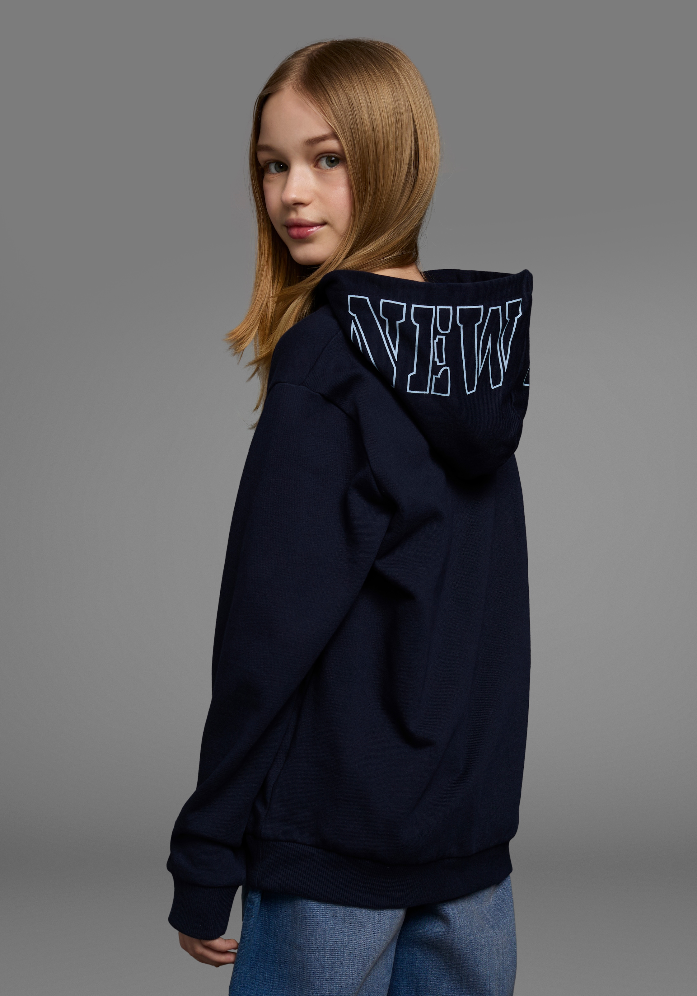 KIDSWORLD Kapuzensweatshirt », Hoodie mit Print auf der Kapuze«, Langarm,  weite Passform,  stylischer Druck,  Basic-Stil