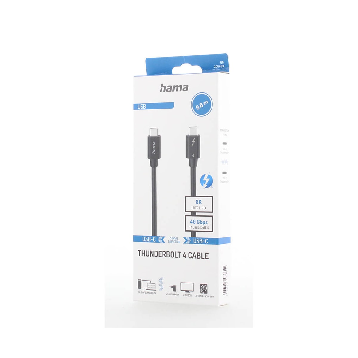 HAMA Kabel USB-C Thunderbolt-4 40 Gbit/s Ultra-HD 8K 0,8m Svart