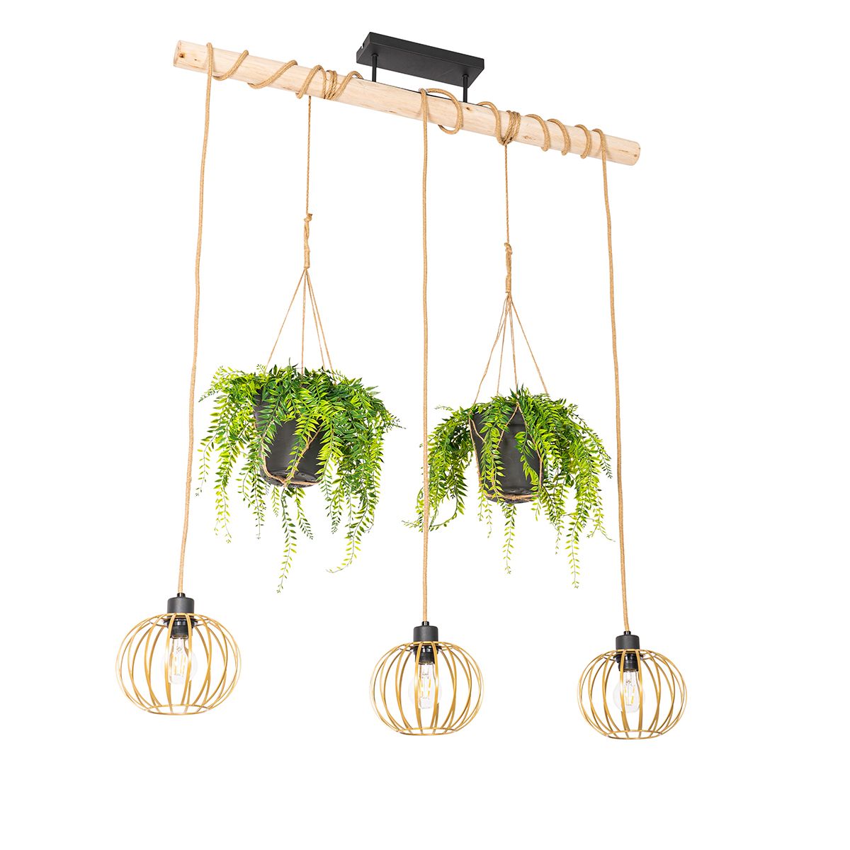 Landelijke hanglamp goud met hout 3-lichts - Yura