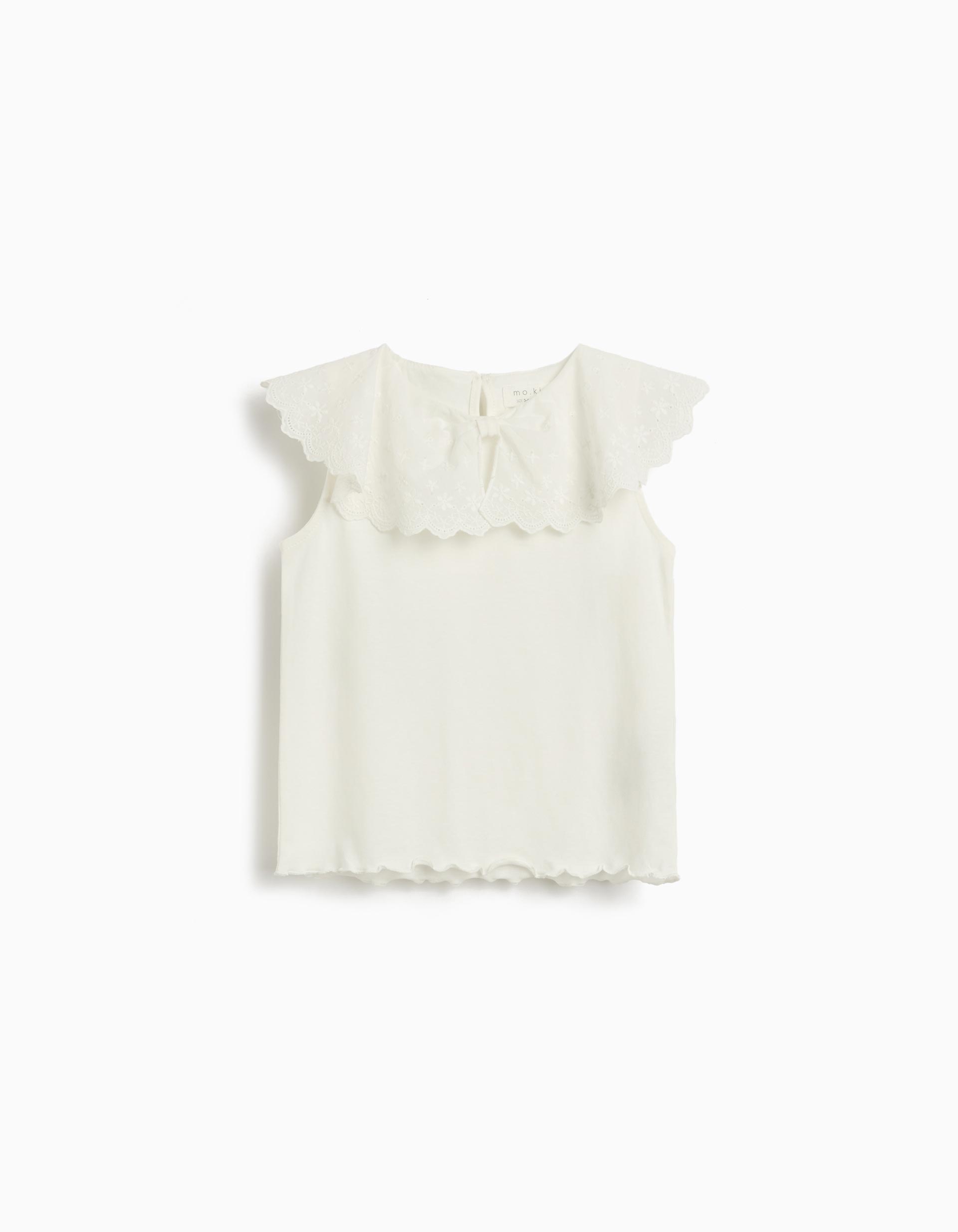T-shirt com Gola em Bordado Inglês, Menina, Branco