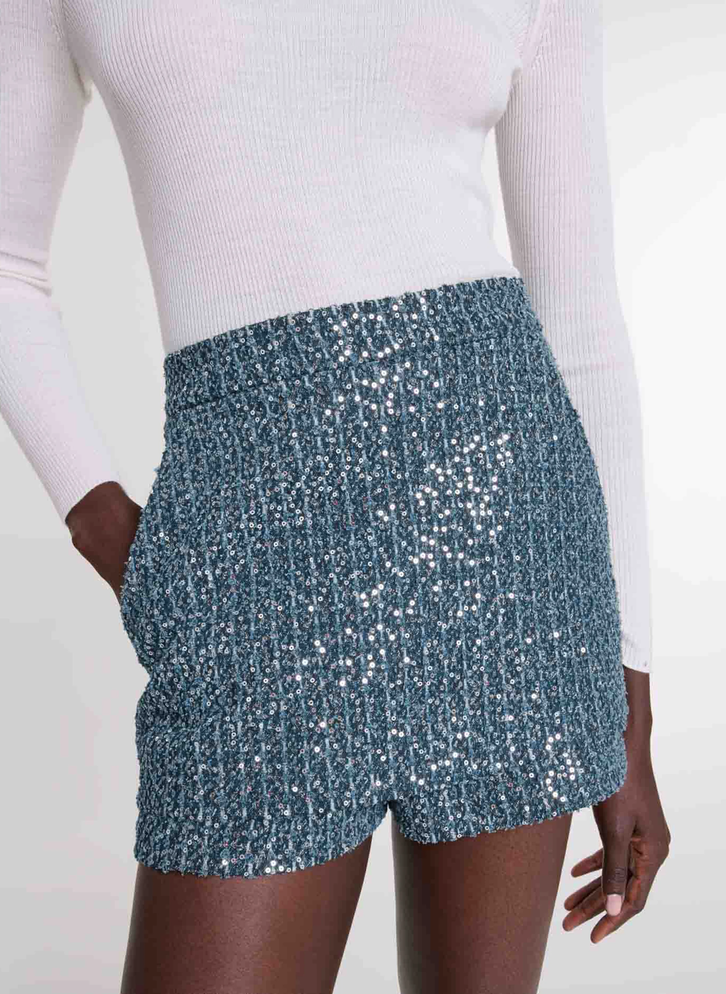 Short taille haute droit en tweed | Bleu