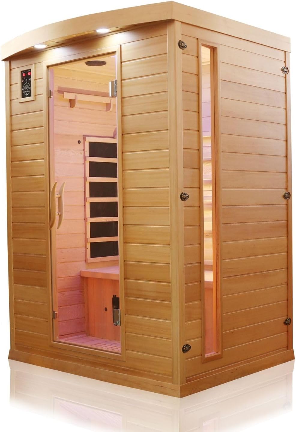 Dewello® Infrarotkabine Infrarotsauna Pierson 135cm x 105cm 1-2 Personen aus Hemlock Holz mit Vollspektrumstrahler, Bodenstrahler, LED-Farblicht, Bluetooth, FM,MP3,USB