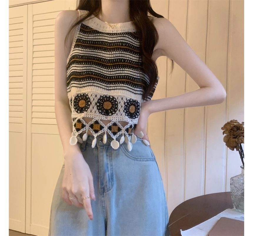 Shinsei - Gebreide camisole top met bloemenborduursel en kant