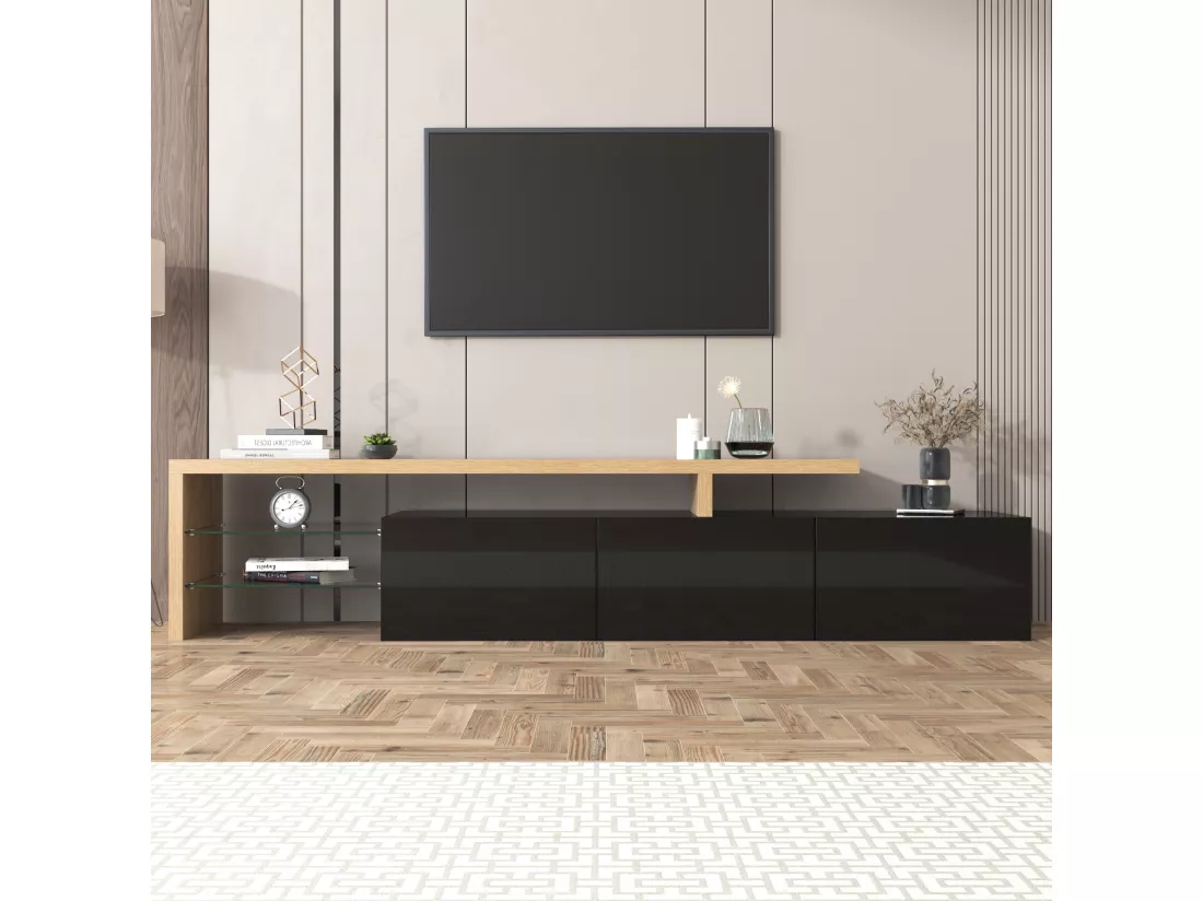 Meuble TV 200 cm - 3 portes et 2 compartiments en verre - style moderne - Noir & Naturel