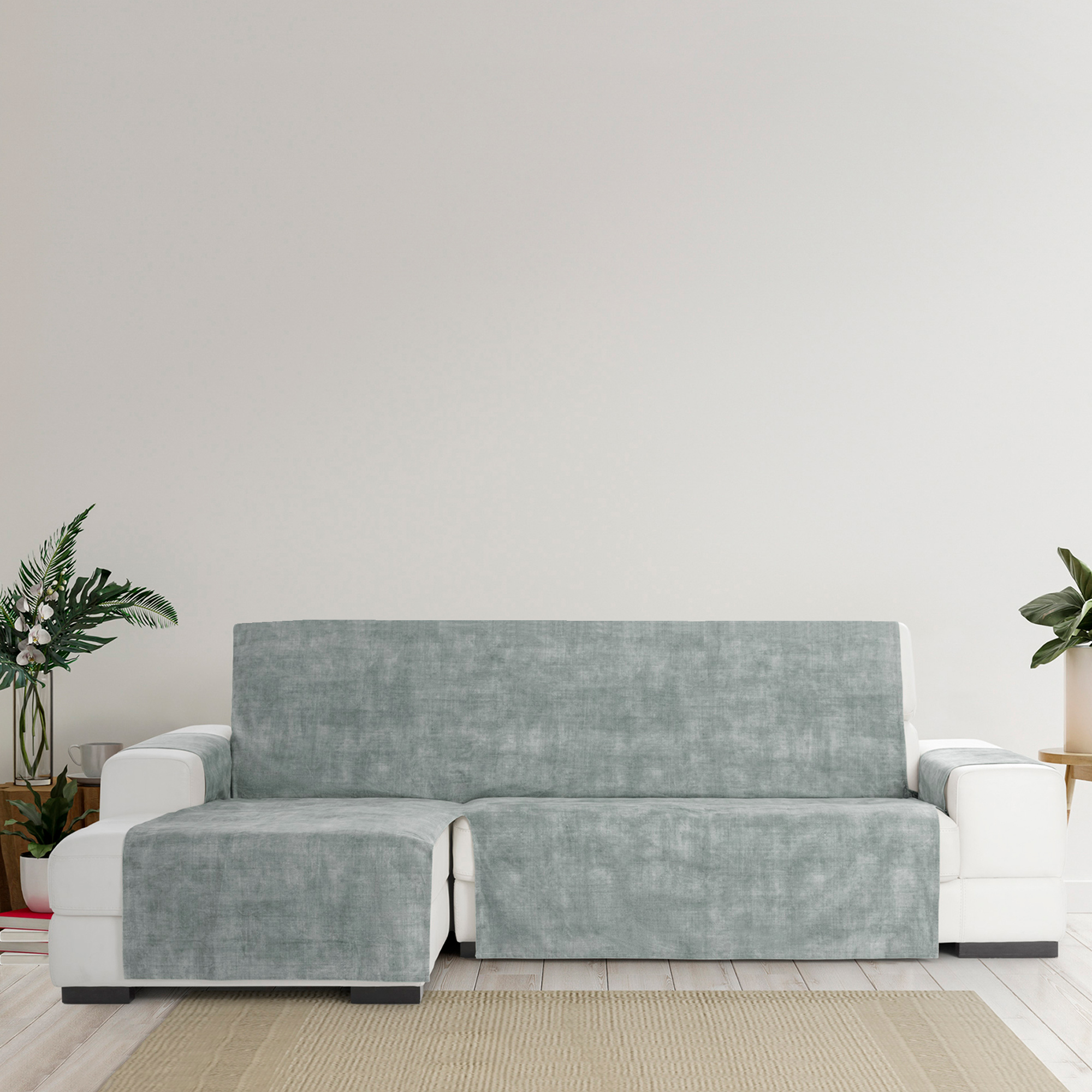 Capa protetora antimanchas para sofá com acabamento em veludo, cinza, chaise longue com chaise à esquerda, 240 cm (250-300 cm)