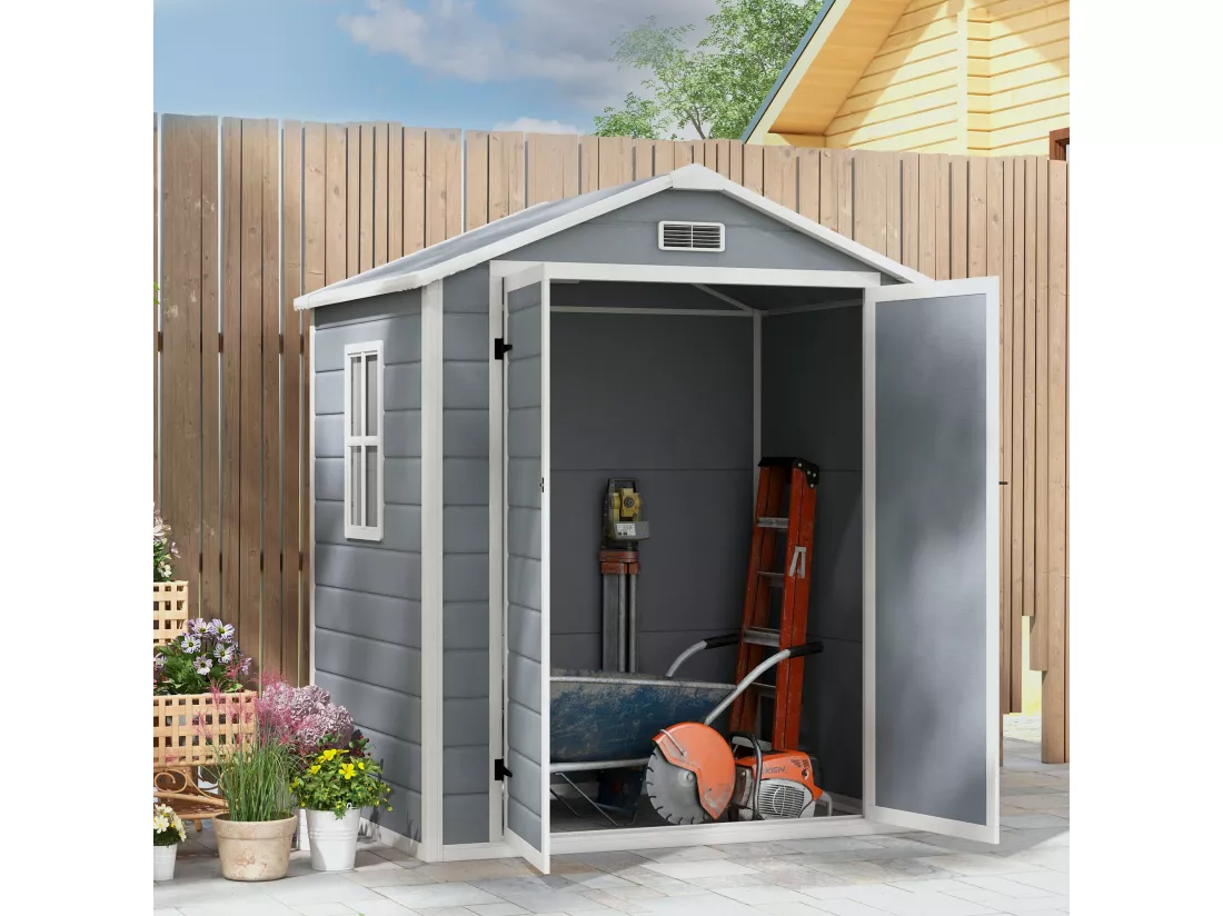 Abri de jardin cabanon 2,12 m² - 2 portes, fenêtre, aération, toit double pente - résine PP gris