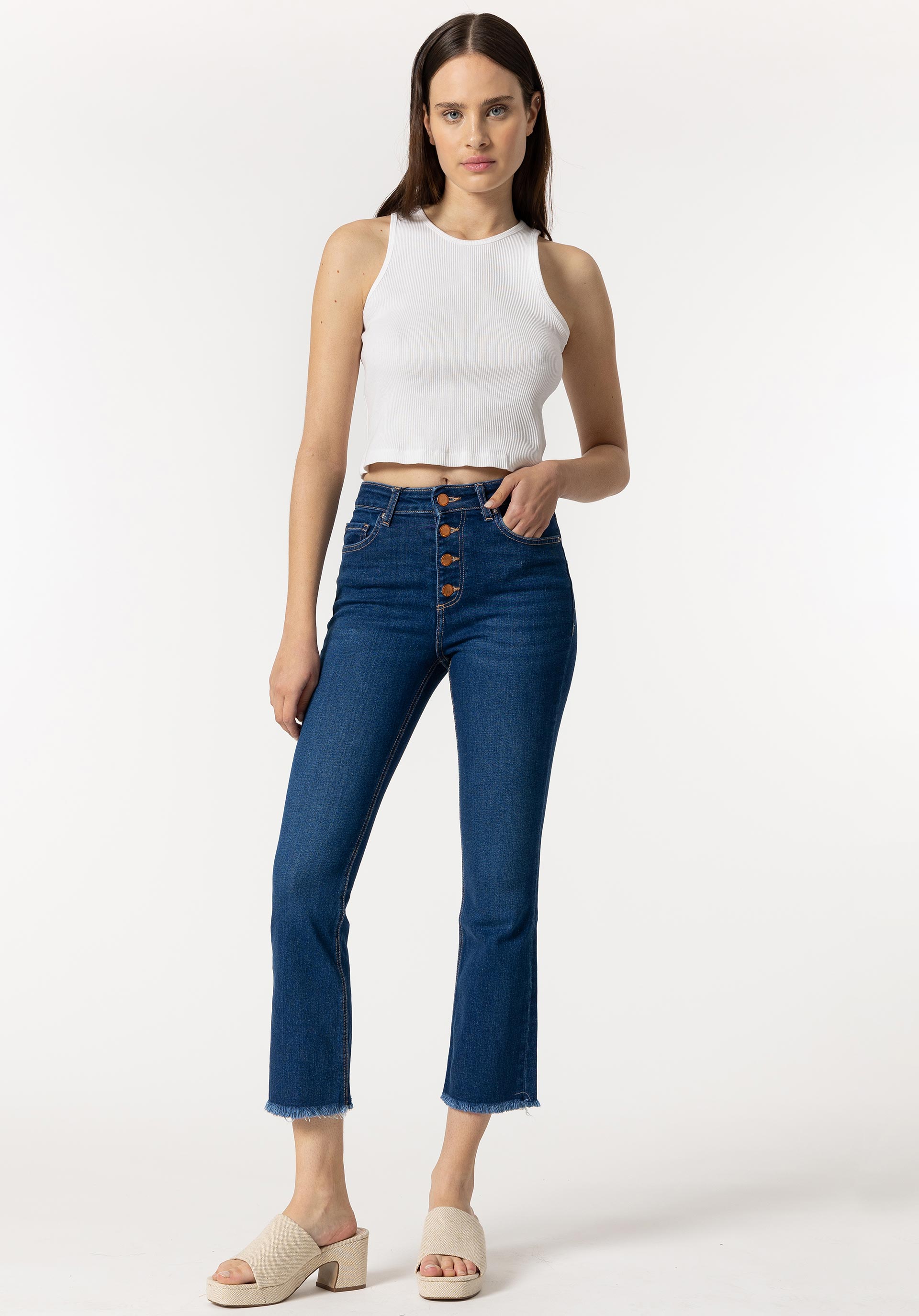 Jeans Megan Cropped Flare Cintura Alta