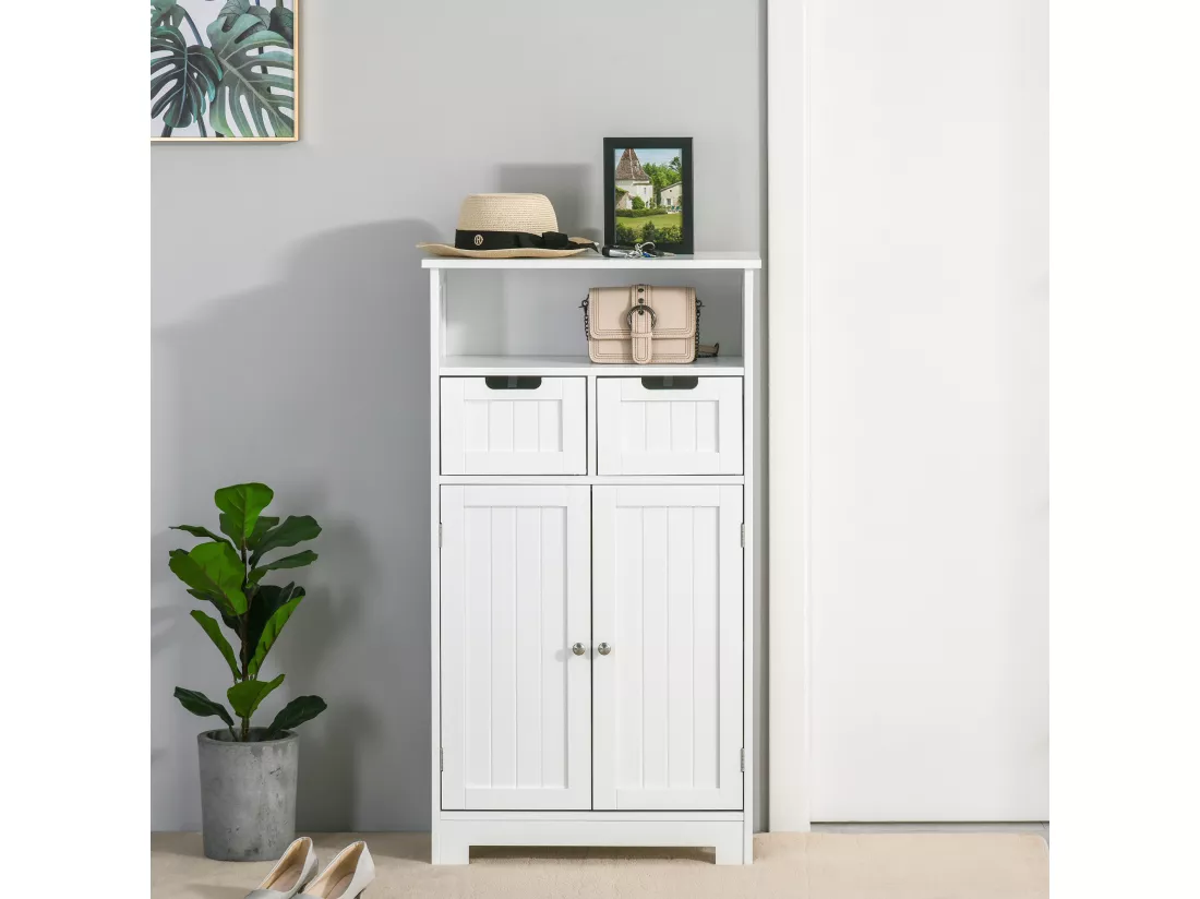 Meuble bas de salle de bain multi-rangements grande niche 2 tiroirs placard double porte avec étagère MDF blanc
