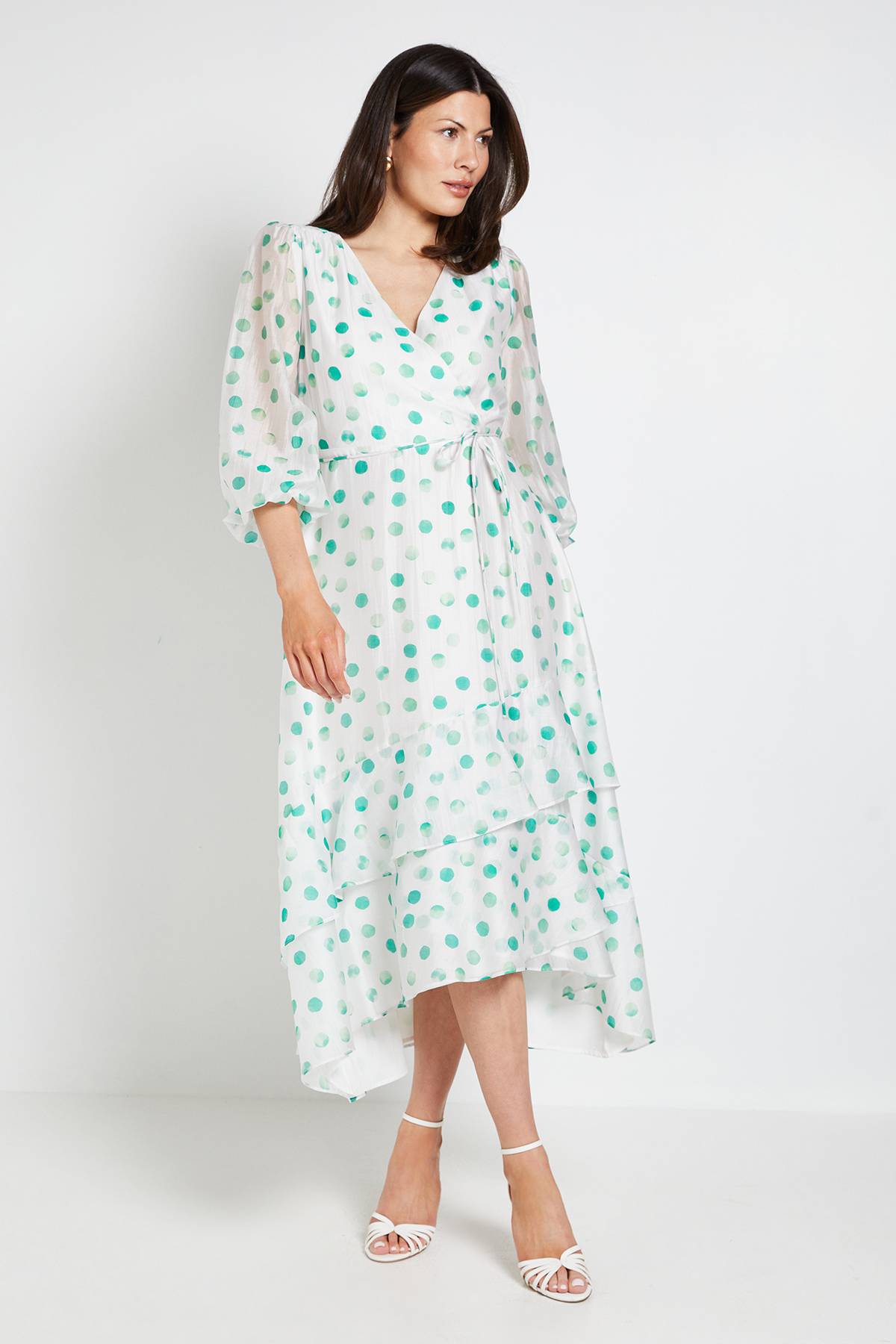 Wallis Robe Midi Portefeuille À Pois Avec Volants