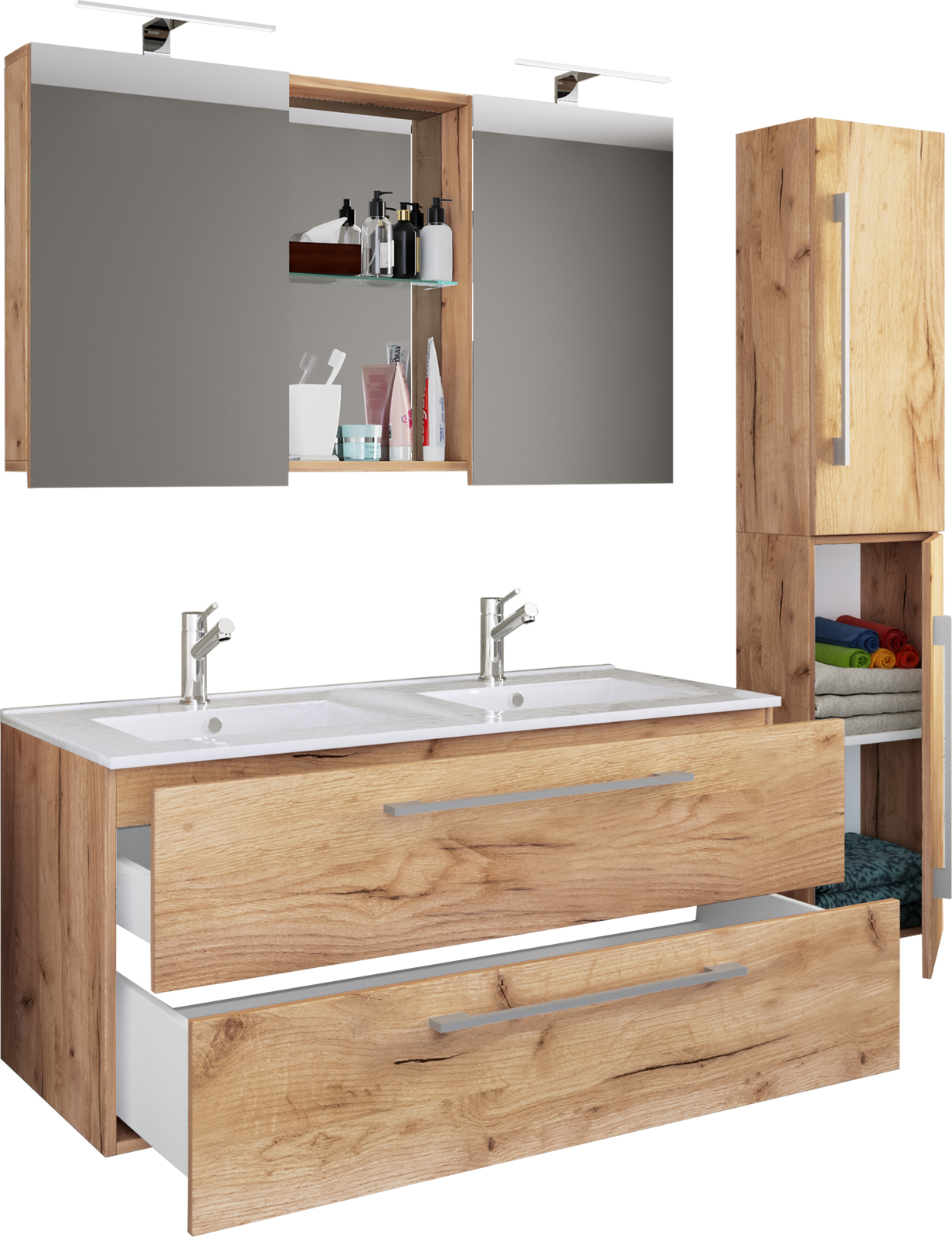 4-teiliges Badmöbel-Set BUDASI - Honig Eiche - Spiegelschrank - 145 cm breit