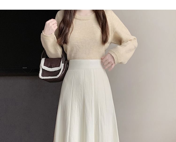 Luminato - Effen midi-A-lijn gebreide rok met elastische taille