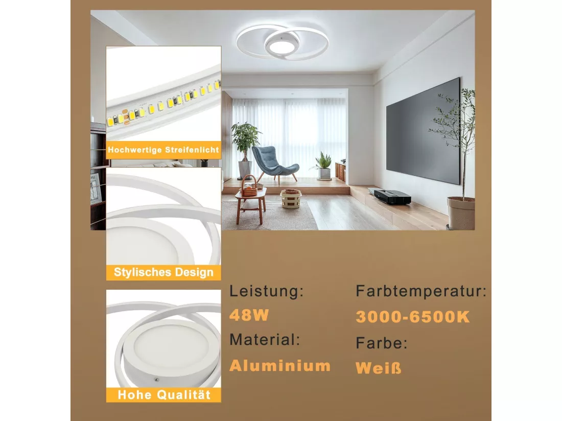 NETTLIFE Plafonnier LED Dimmable avec Télécommande 48W de Salon Blanc Design Chambre Lampe de Moderne pour Cuisine Bureau