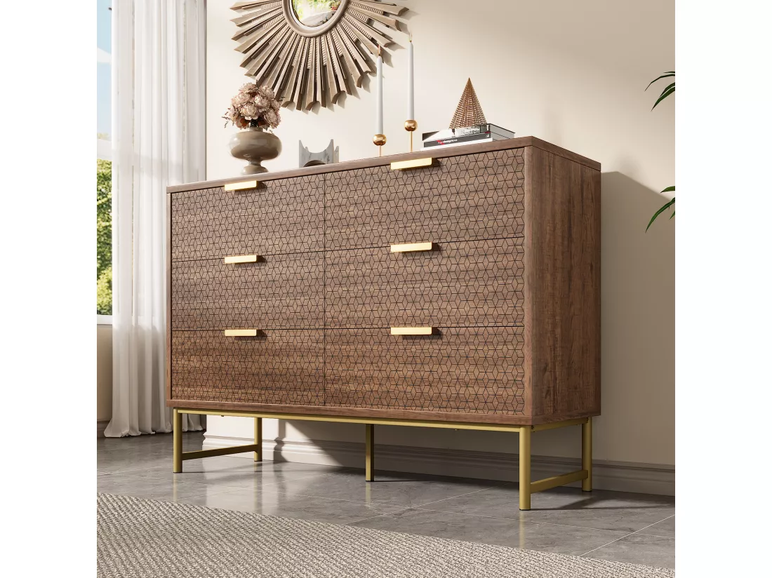 Commode avec 6 tiroirs, anti-basculement, 120 x 40 x 75 cm, panneau de particules et métal, noyer