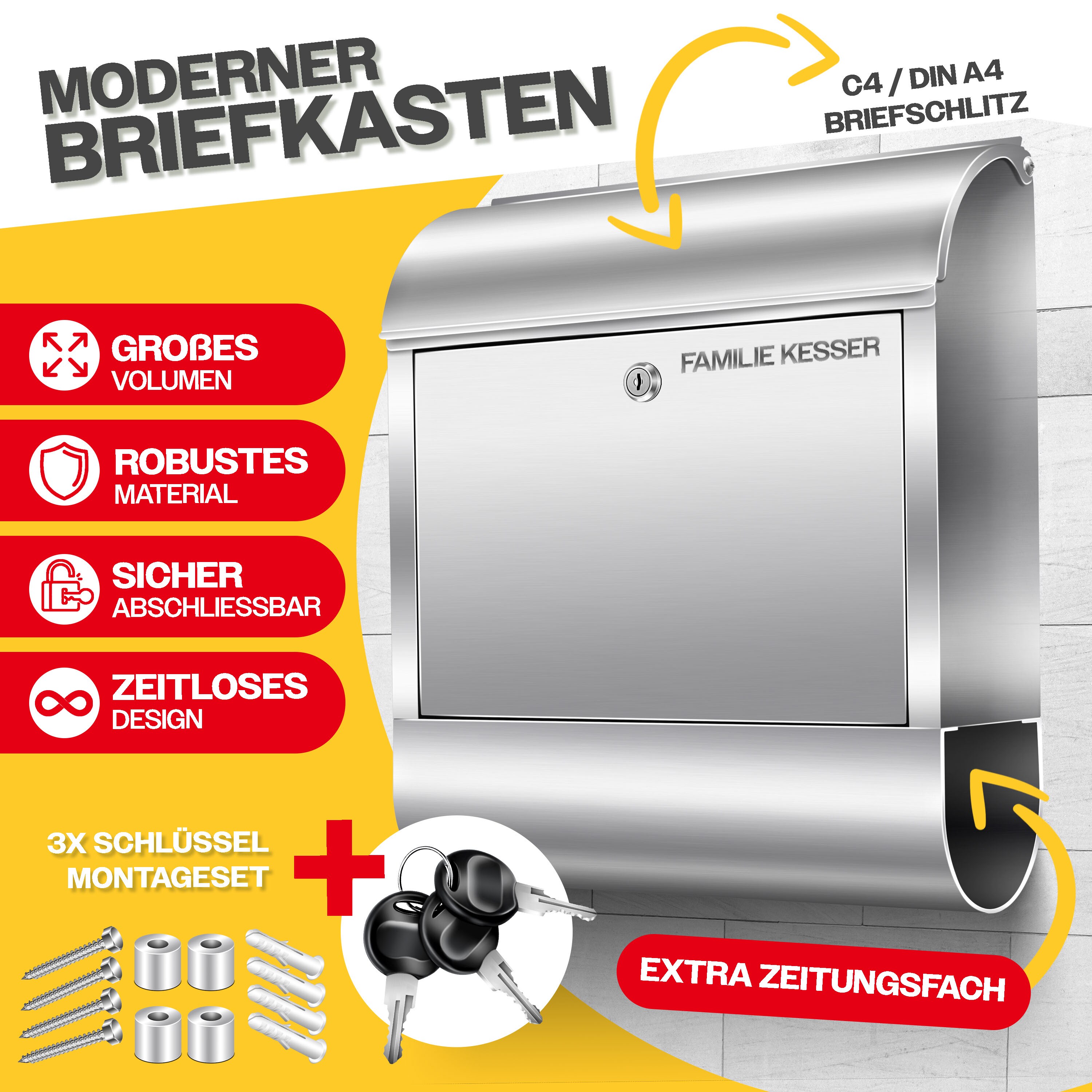 KESSER® XXL Briefkasten Edelstahl mit Zeitungsfach , gebürstet , 3x Schlüssel abschließbar , Pulverbeschichtet , Wandmontage , groß Front-Einwurf: DIN C4 = DIN A4, inkl. Montagematerial