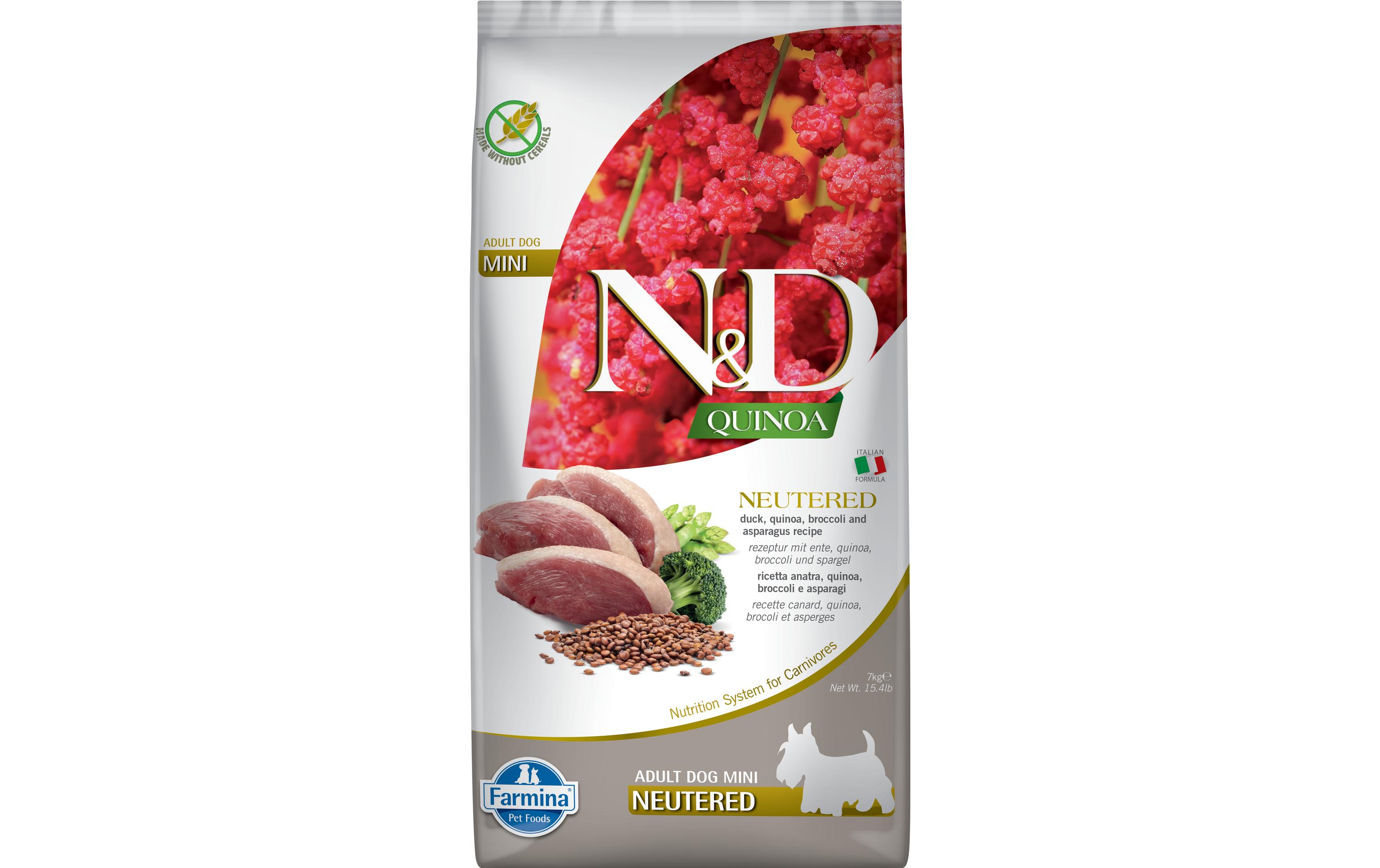 Trockenfutter Adult Mini Ente, Brokkoli & Spargel 7 kgAlleinfuttermittel für erwachsene, kastrierte Hunde