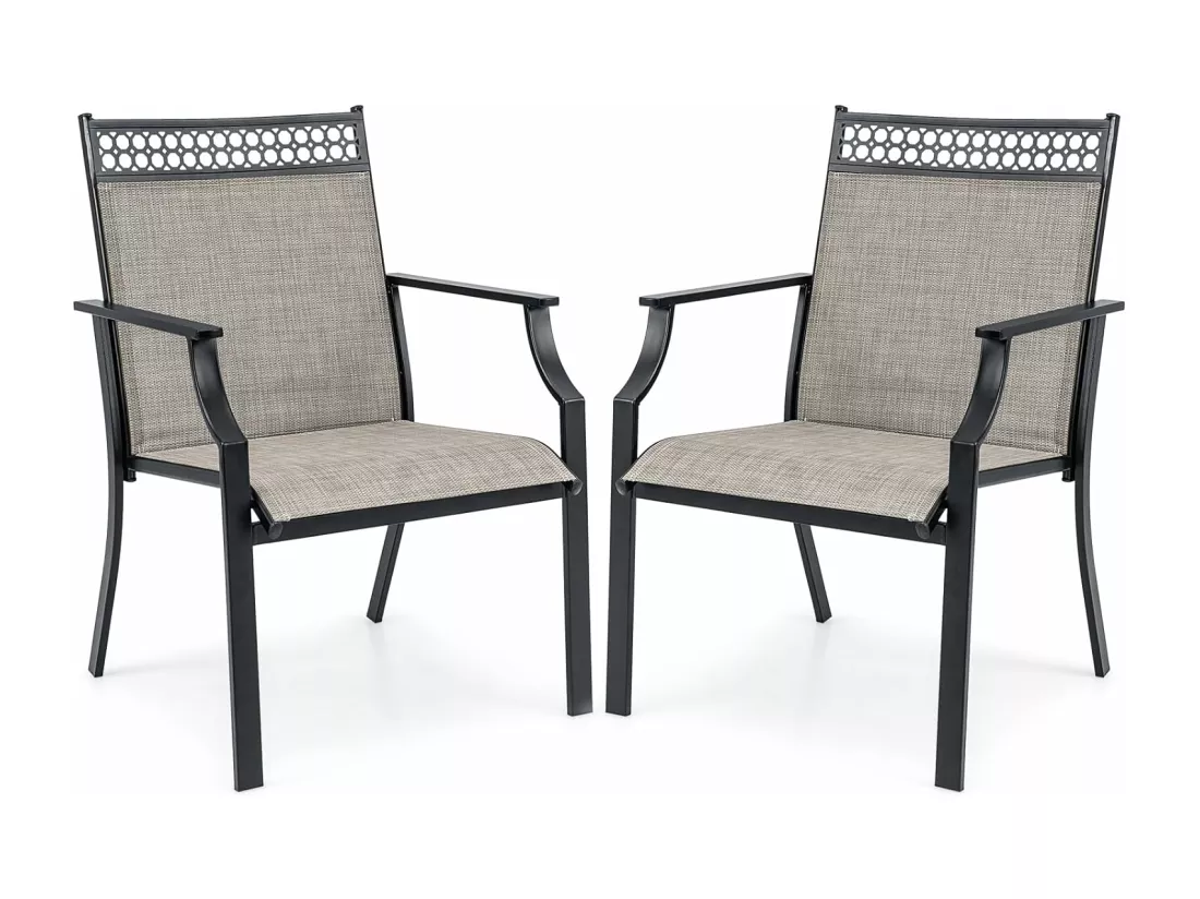 Lot de 2 Chaises de Jardin avec Cadre en Métal, Chaises à Dossier Haut en Teslin à Séchage Rapide, Fauteuil d'Extérieur pour Toutes Saisons, Charge 150 KG, pour Cour, Balcon, Piscine (Café)