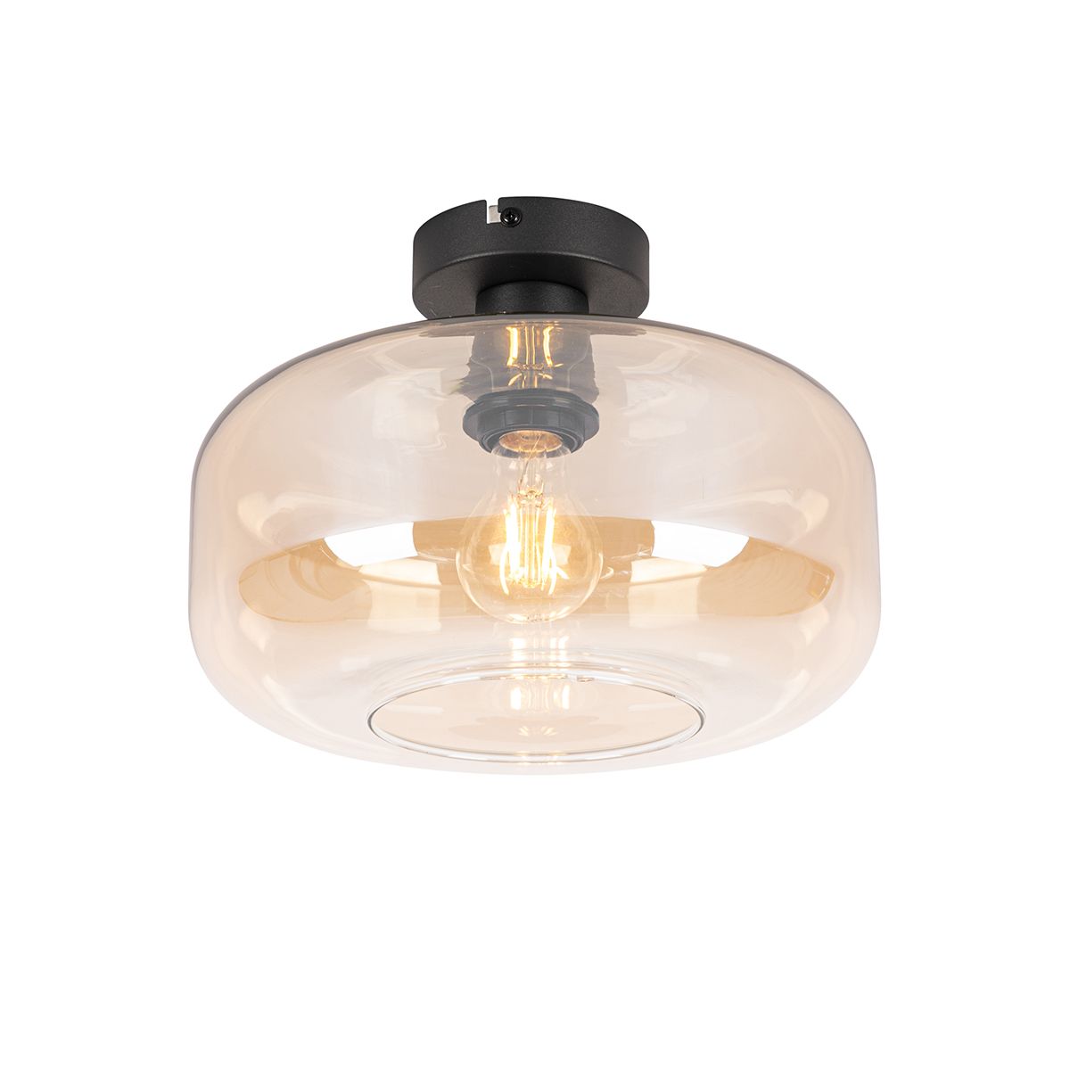 Art deco plafondlamp zwart met amber glas - Bizle