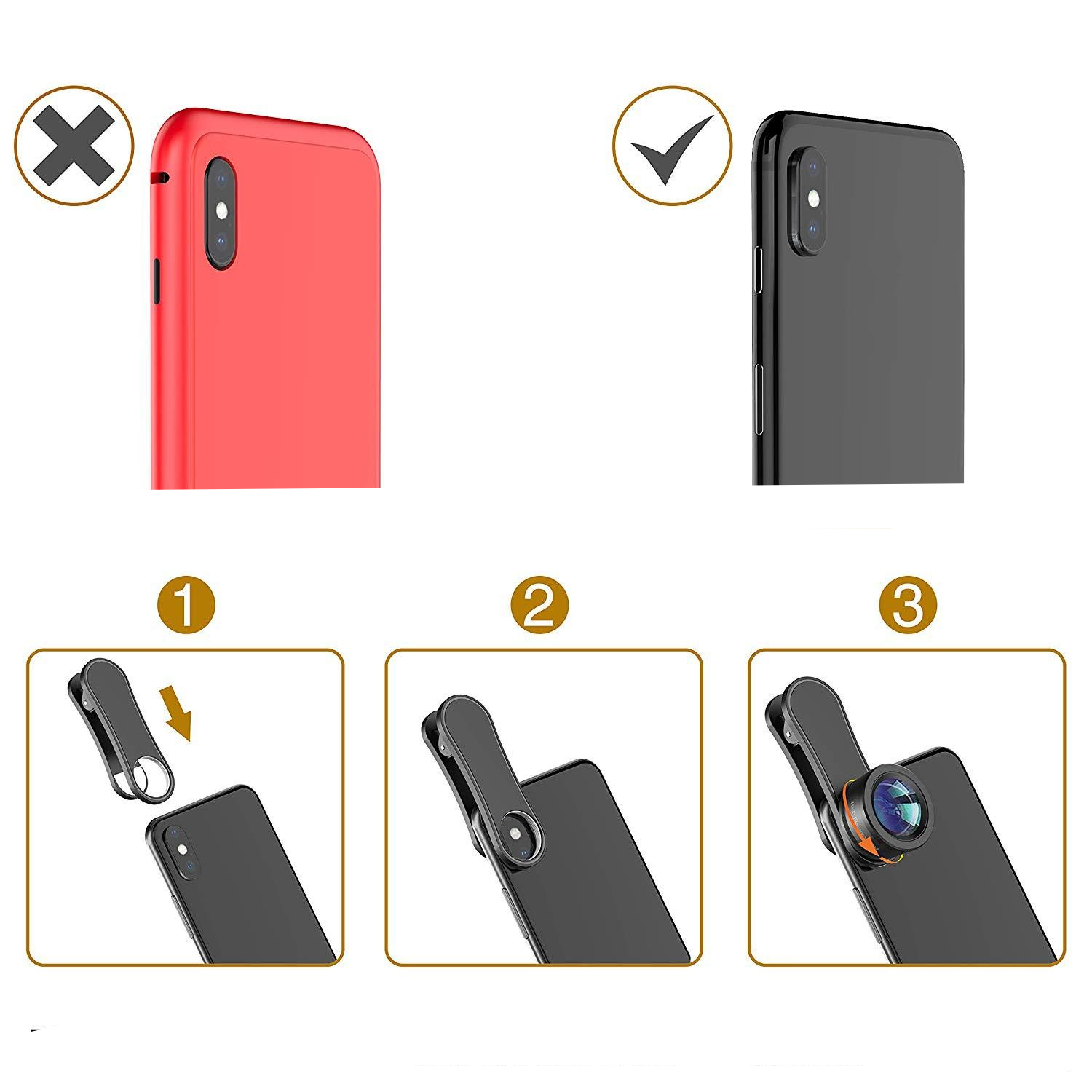 3in1 Kamera Teleobjektiv mit Clip (198° Fish Eye / 120° Weitwinkel / 20x Makro)   Aufbewahrungstasche - Schwarz
