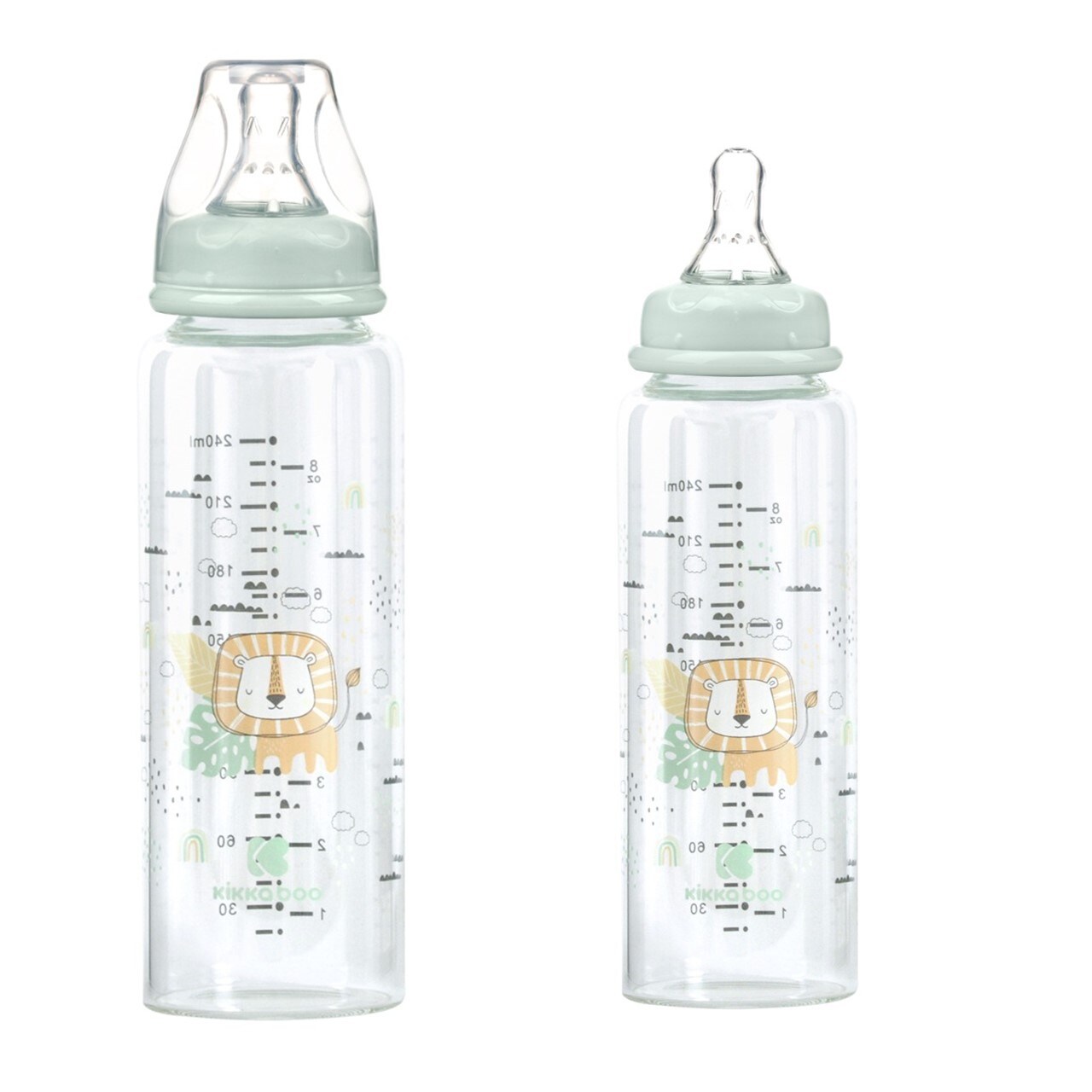 Kikkaboo Baby Glasflasche Savanna 240 ml, Silikonsauger Größe M, Anti-Kolik grün