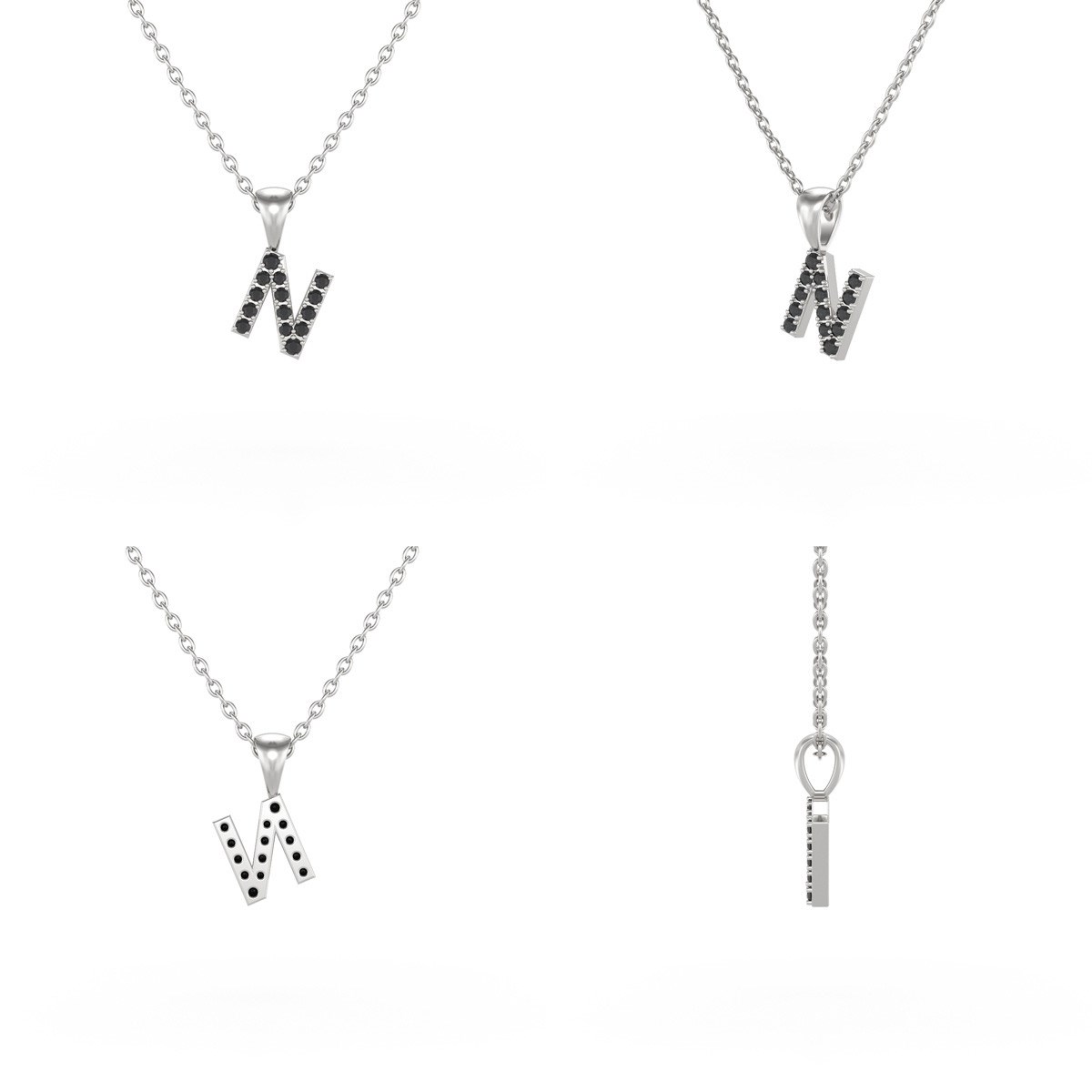 Collier Pendentif ADEN Lettre N Or 750 Blanc Diamant Noir Chaine Or 750 incluse 0.72grs