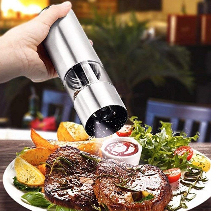 Elektrische Edelstahl Pfeffermühle Salz Grinder Automatische Gewürzmühle mit LED Licht (Batteriebetrieben) - Silber