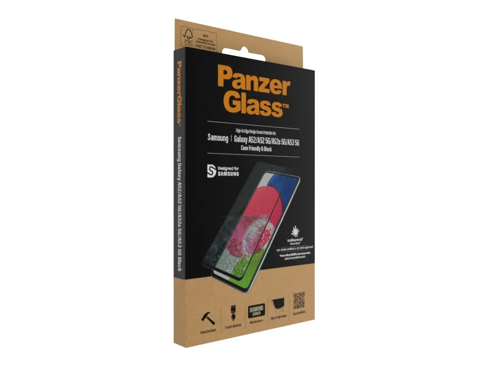 PanzerGlass™ | Case-Friendly - Skærmbeskytter for mobiltelefon - Edge-to-Edge fit - rammefarve sort | Samsung Galaxy A52/A52 5G