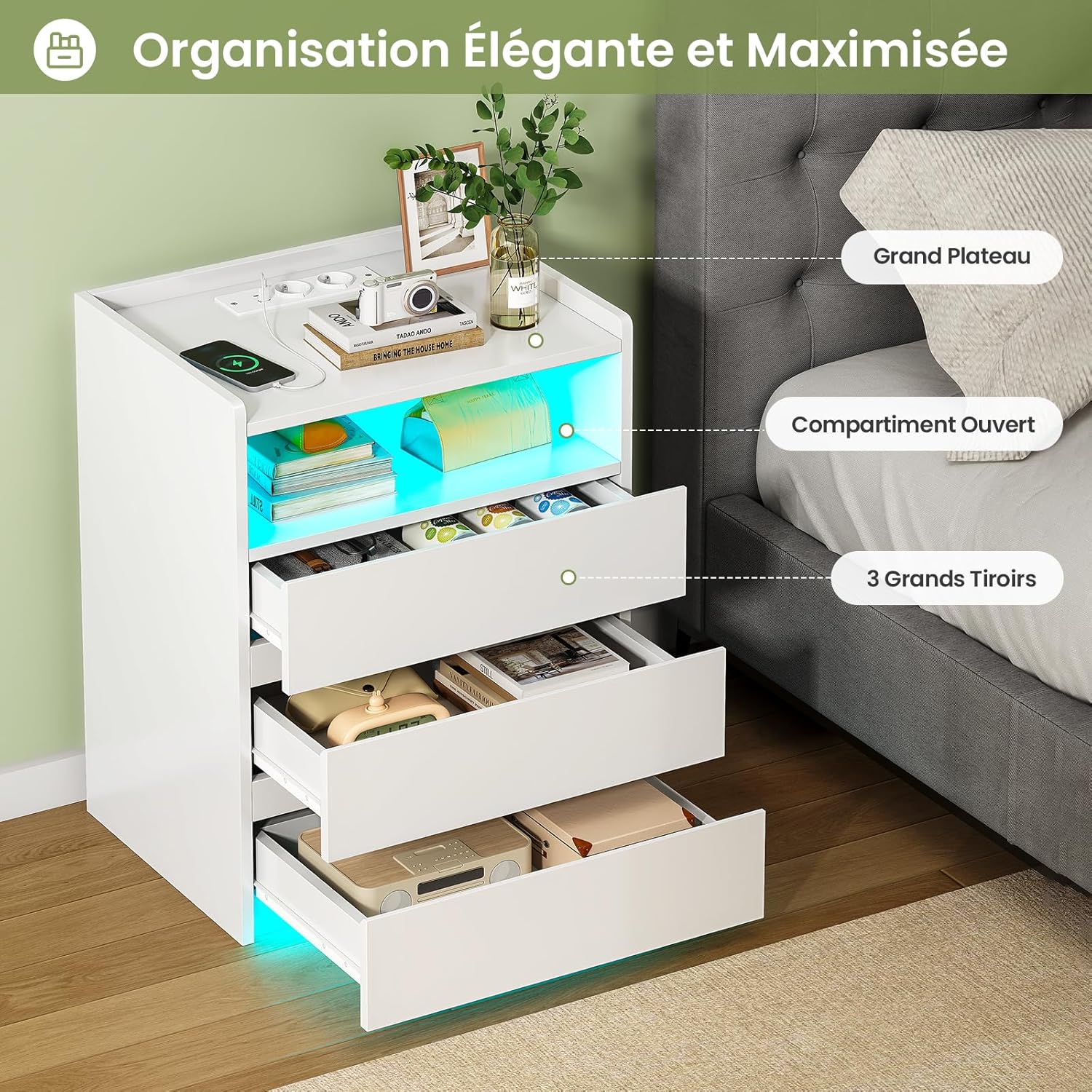 2er Set Nachttisch mit Steckdosenleiste Nachtschrank mit Geräumiger Tischplatte,3 Schubladen und 1 Fach,Beistelltisch mit LED-Beleuchtung,Modern Sofatisch Couchtisch für Wohn- Schlafzimmer (2, Weiß)