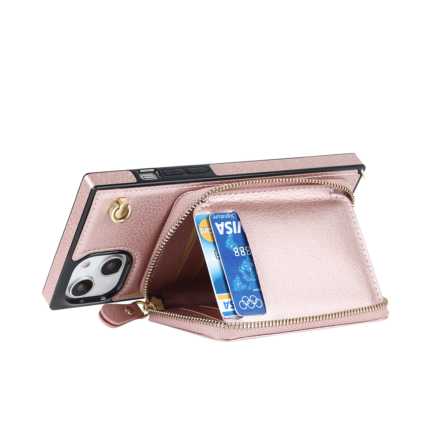 iPhone 14 Pro Max Necklace Leder Schutz Hülle mit Kartenfächer   Handykette (140cm) - Rosa