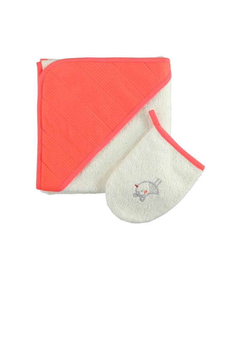 Set de bain cape + gant de toilette avec oiseau brodé - Ecru