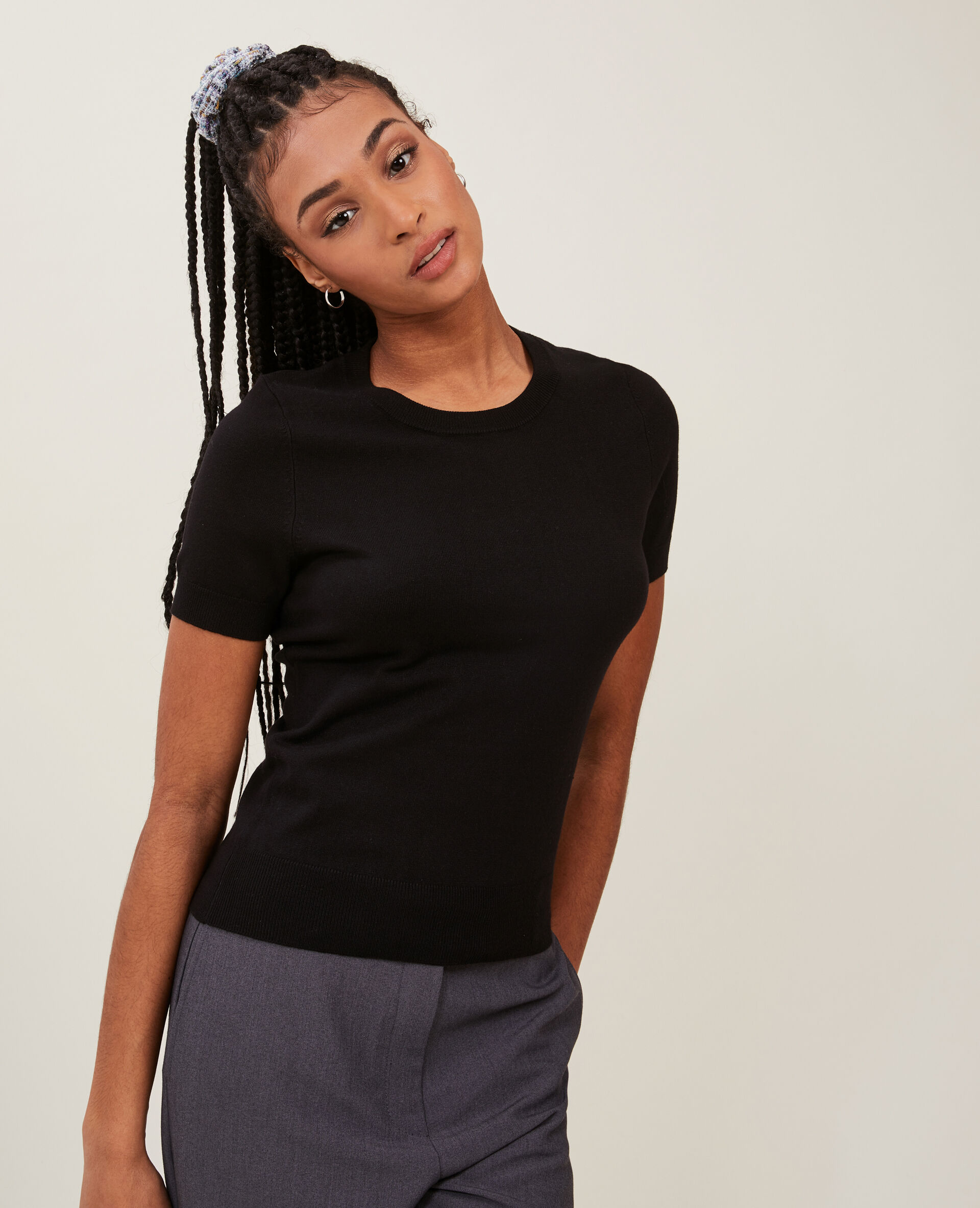 Pull manches courtes en maille fine - Noir
